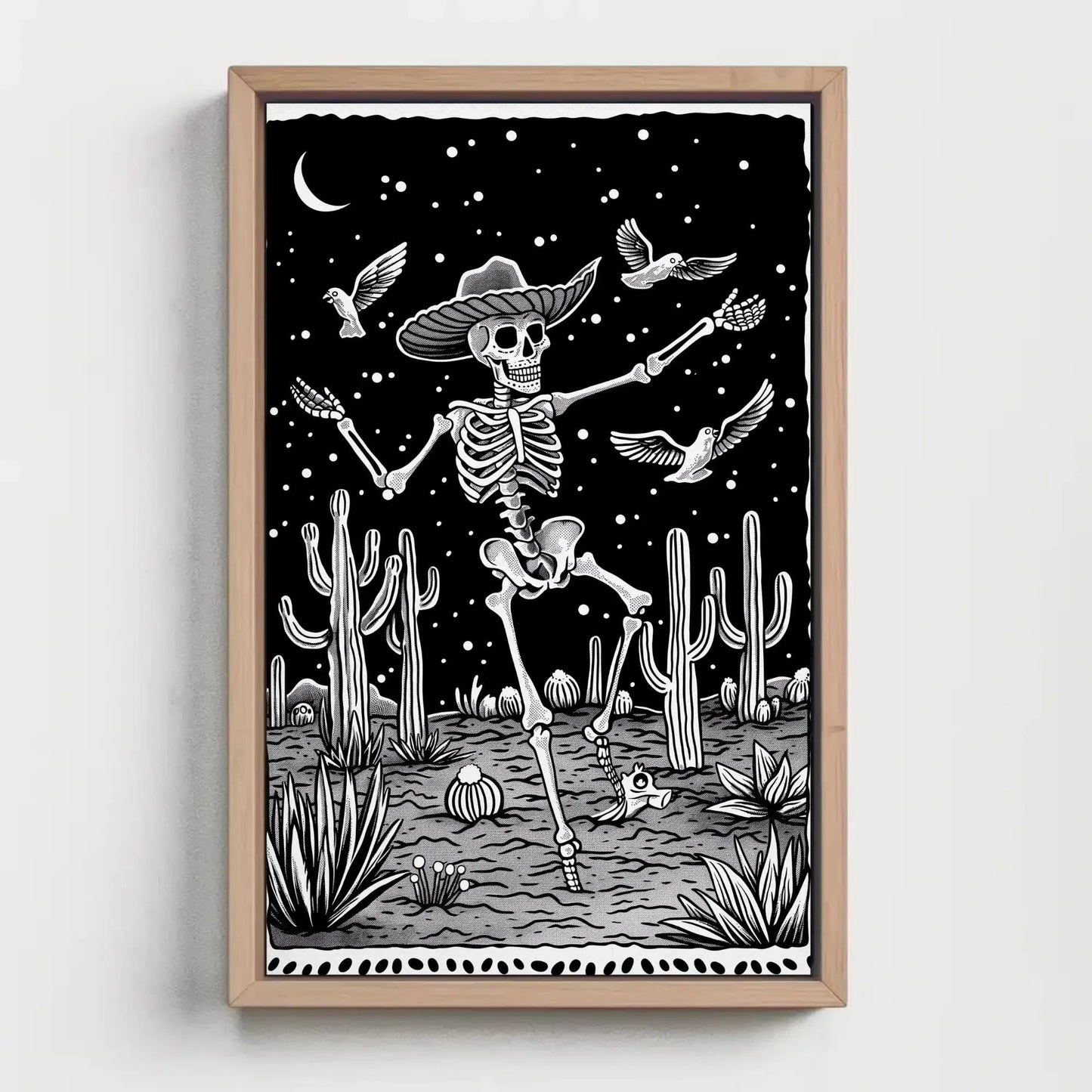 Black and White Skull Desert Canvas Print, Extra Large Mexican Cactus Art, Tattoo-Inspired Wall Decor for Western or Gothic Home Aesthetic Wall Art – Canvas Print
