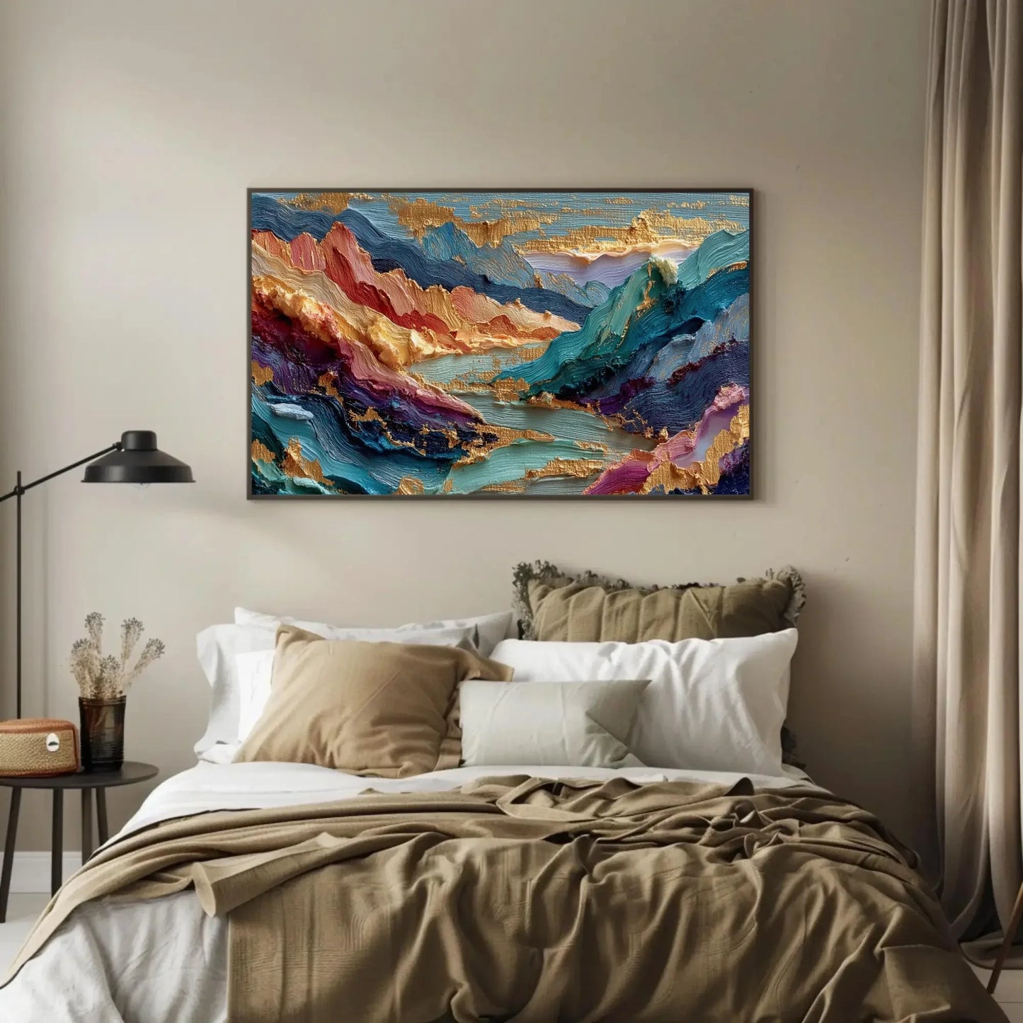 Textured Mountain Abstract Art, Impasto Gold Leaf Canvas Print, Colorful Landscape Painting, Sculptural Wall Decor Large, Vibrant Peaks Wall Art – Canvas Print