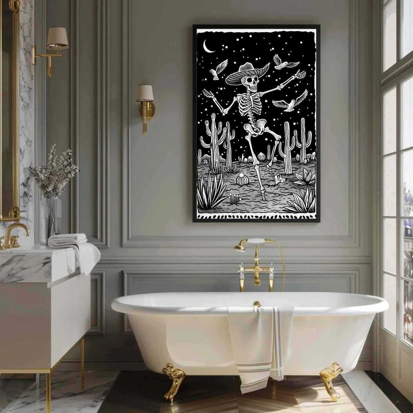 Black and White Skull Desert Canvas Print, Extra Large Mexican Cactus Art, Tattoo-Inspired Wall Decor for Western or Gothic Home Aesthetic Wall Art – Canvas Print