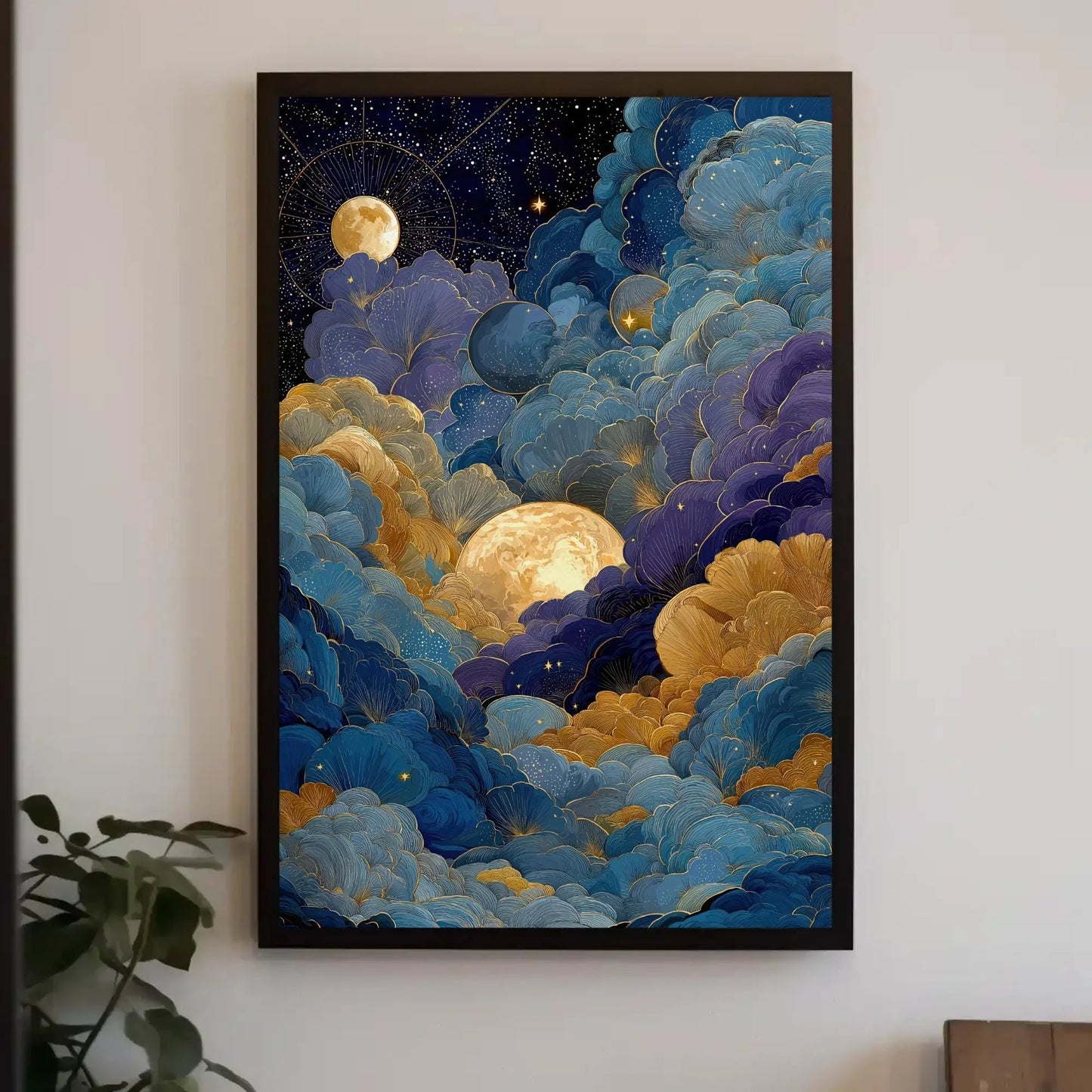 Celestial Moon Clouds Canvas Art, Gold Blue Purple Wall Decor, Mystical Night Sky Print, Whimsigoth Bedroom Art, Dreamy Maximalist Gift Wall Art – Canvas Print