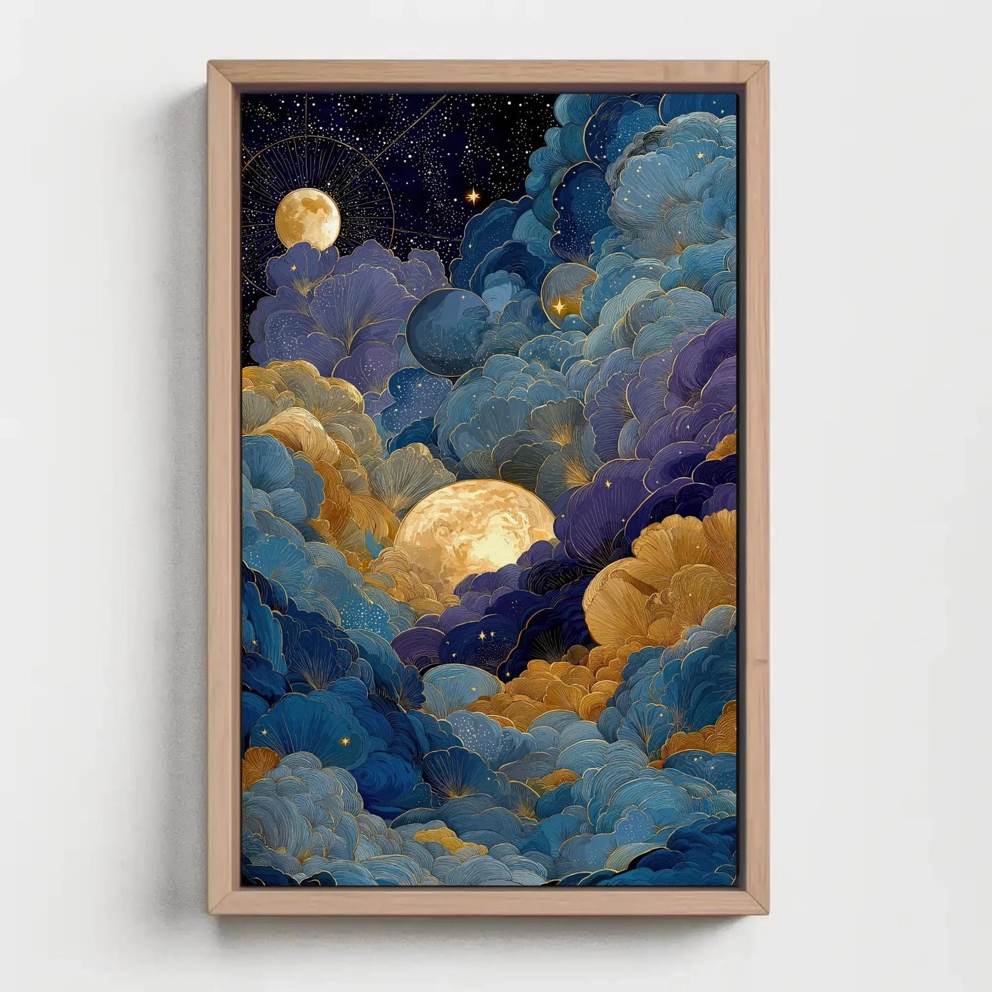 Celestial Moon Clouds Canvas Art, Gold Blue Purple Wall Decor, Mystical Night Sky Print, Whimsigoth Bedroom Art, Dreamy Maximalist Gift Wall Art – Canvas Print