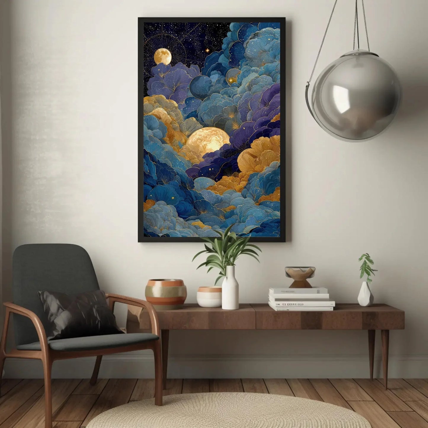 Celestial Moon Clouds Canvas Art, Gold Blue Purple Wall Decor, Mystical Night Sky Print, Whimsigoth Bedroom Art, Dreamy Maximalist Gift Wall Art – Canvas Print