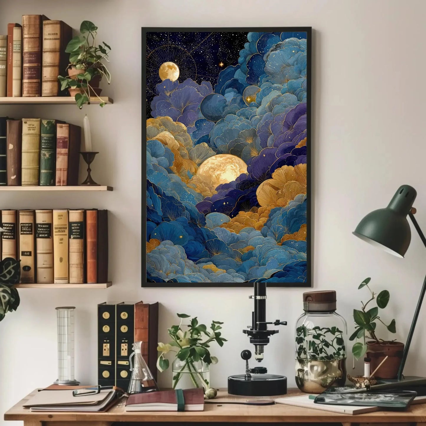 Celestial Moon Clouds Canvas Art, Gold Blue Purple Wall Decor, Mystical Night Sky Print, Whimsigoth Bedroom Art, Dreamy Maximalist Gift Wall Art – Canvas Print