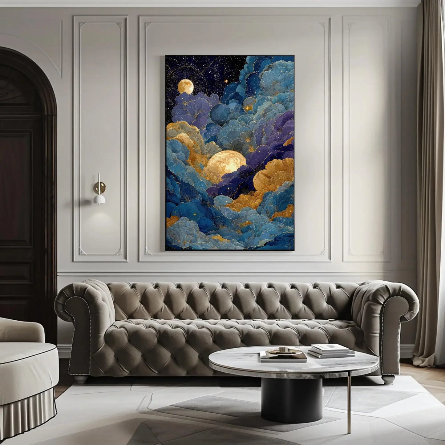 Celestial Moon Clouds Canvas Art, Gold Blue Purple Wall Decor, Mystical Night Sky Print, Whimsigoth Bedroom Art, Dreamy Maximalist Gift Wall Art – Canvas Print