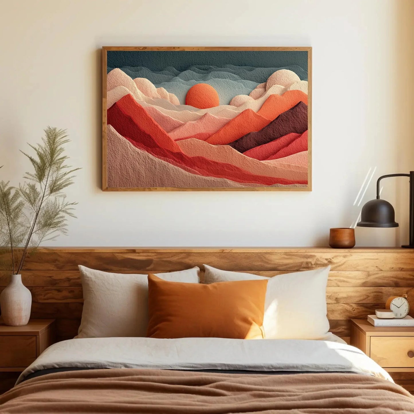 Terracotta Orange Abstract Hills Print, Textured Mountain Wall Art, Layered Sunset Landscape, Modern Boho Decor, Framed 3D Felt Art, Nature Wall Art – Canvas Print
