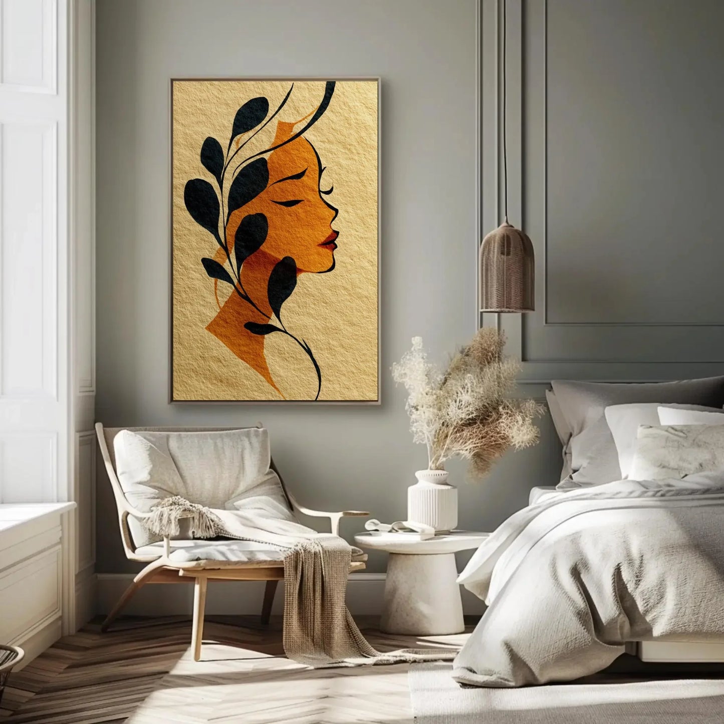 Art Nouveau Woman Profile Print, Minimalist Botanical Wall Art, Golden Orange Black, Feminine Decor, Textured Paper Illustration Gift Wall Art – Canvas Print