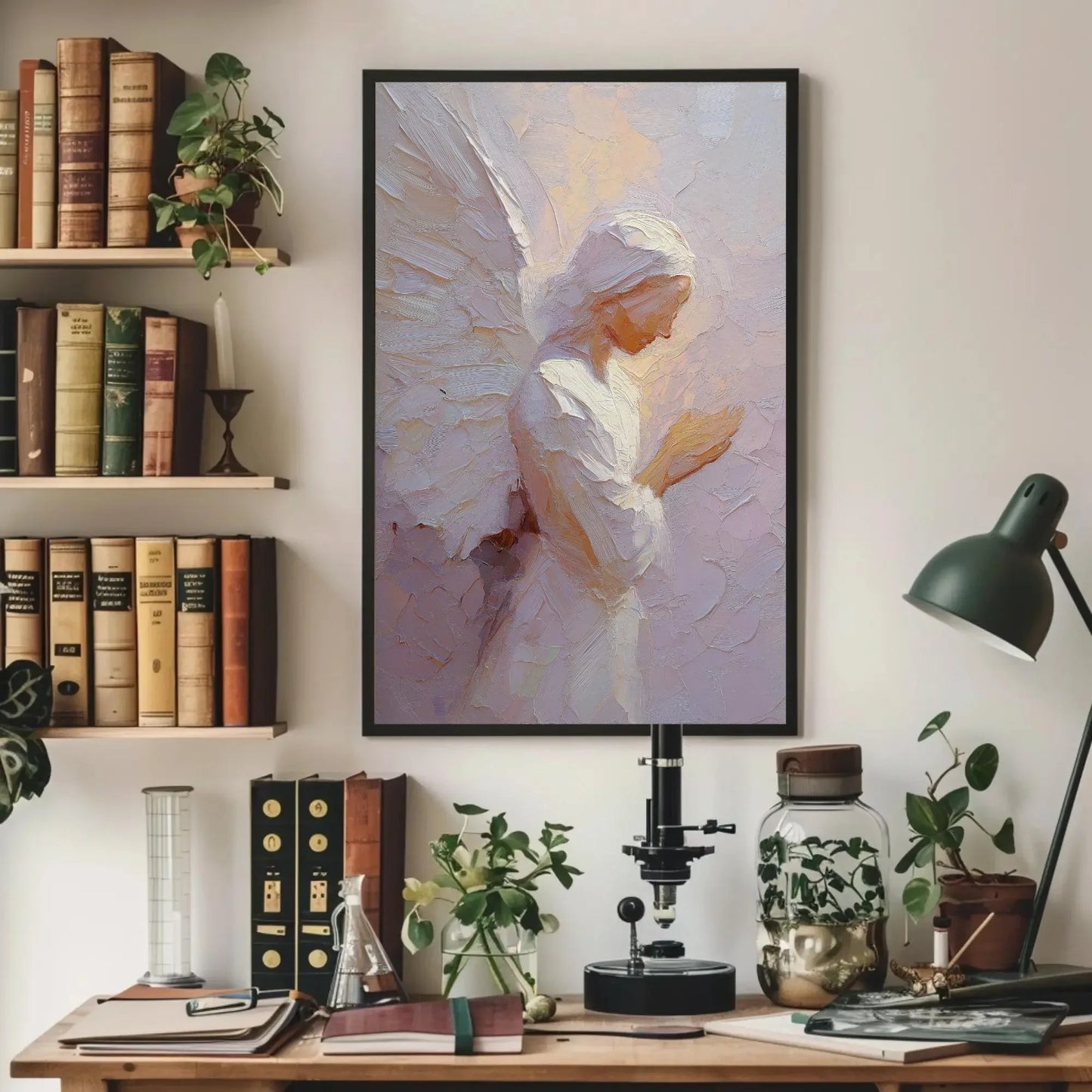 Praying Angel Canvas Art Print, Textured Spiritual Wall Decor, Guardian Angel Painting, Serene Contemplative Artwork, Impasto Religious Gift Wall Art – Canvas Print