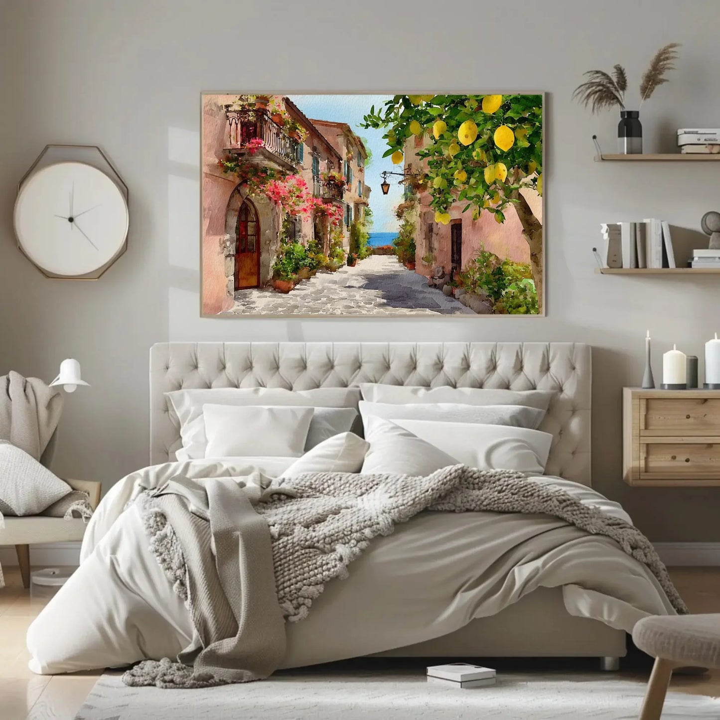 Vibrant Italian Lemon Tree Street Art | Amalfi Coast Watercolor Wall Art | Mediterranean Village Decor | Sunny Travel Art Wall Art – Canvas Print