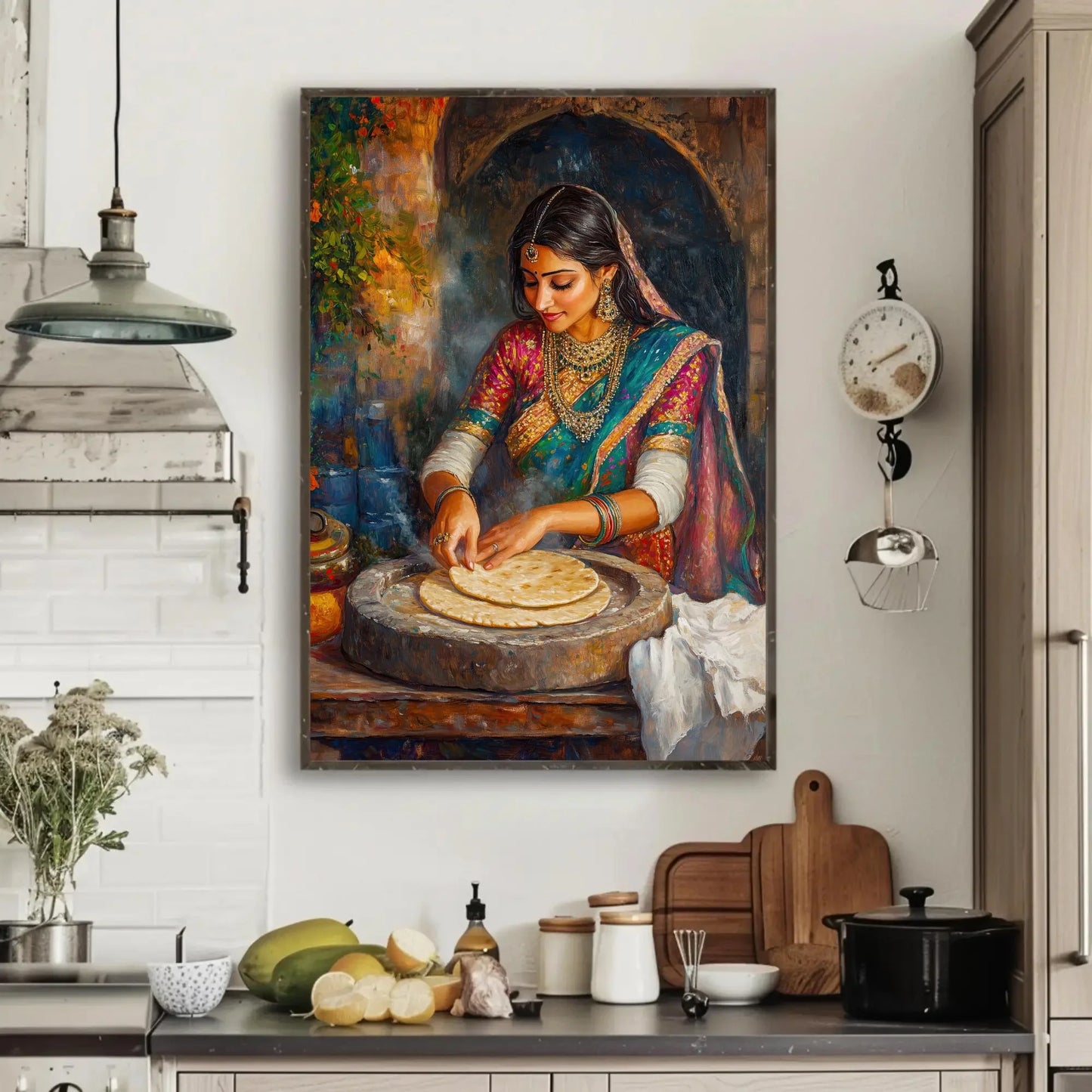 Indian Kitchen Wall Art Canvas, Traditional Indian Woman Making Roti, India Kitchen Decor, Cultural Indian Painting, Unique Canvas Print Wall Art – Canvas Print