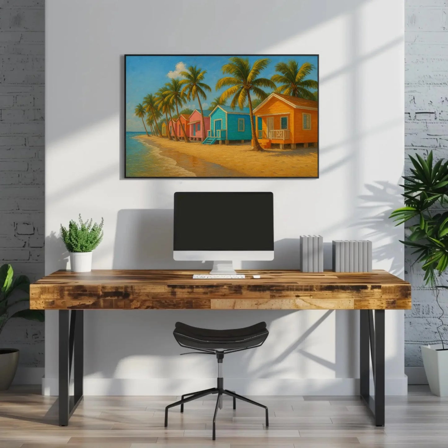 Boca Chica Beach Huts Wall Art Canvas Print with Colorful Caribbean Houses and Palm Trees in Tropical Santo Domingo Coastal Paradise Wall Art – Canvas Print