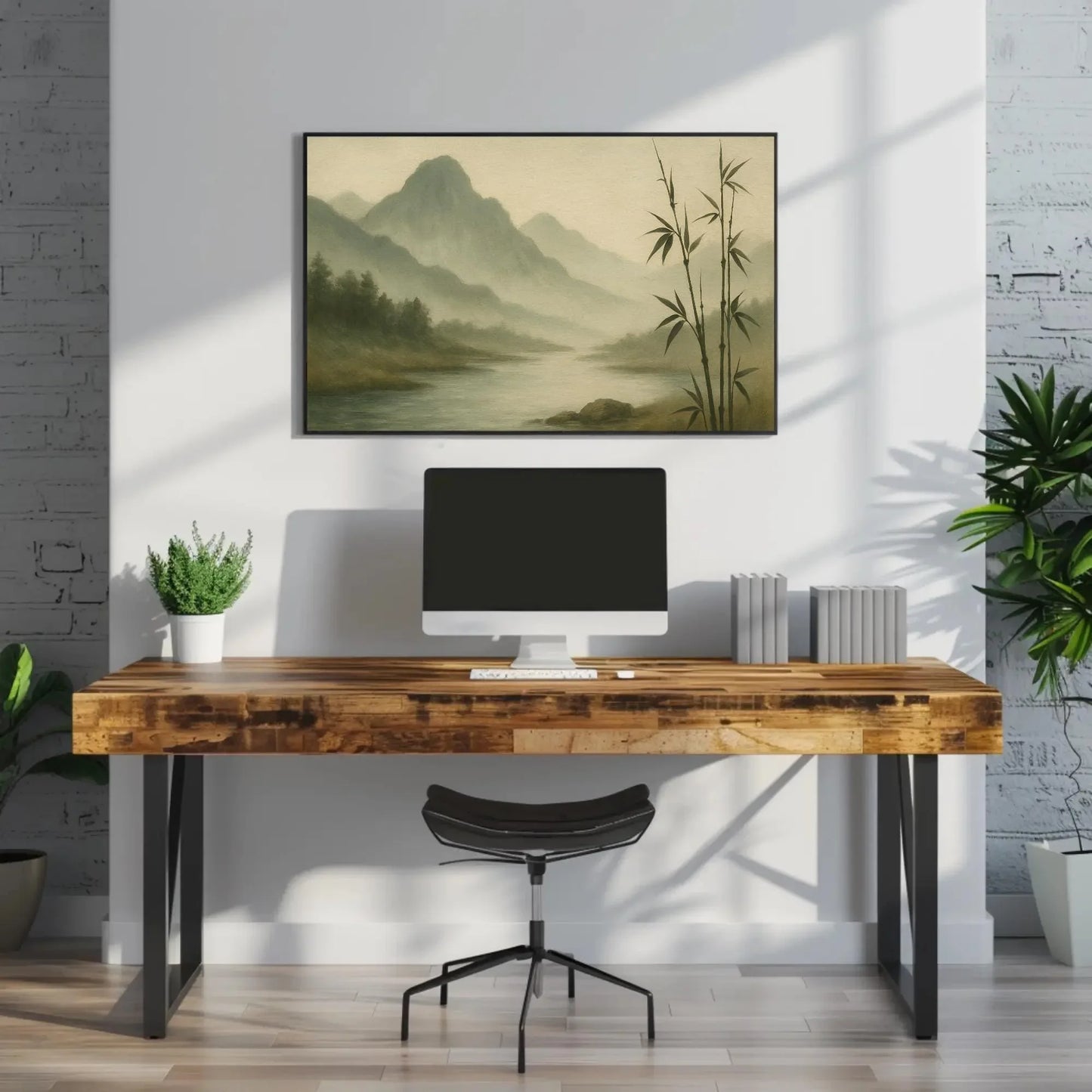Zen Bamboo Forest River Canvas Print – Misty Mountains Painting Wall Art for Japanese Decor, Nature Tranquility and Meditative Style Wall Art – Canvas Print