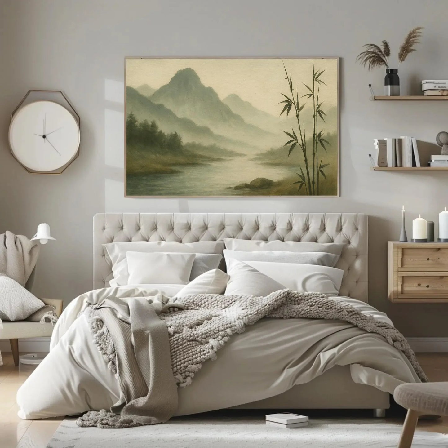 Zen Bamboo Forest River Canvas Print – Misty Mountains Painting Wall Art for Japanese Decor, Nature Tranquility and Meditative Style Wall Art – Canvas Print
