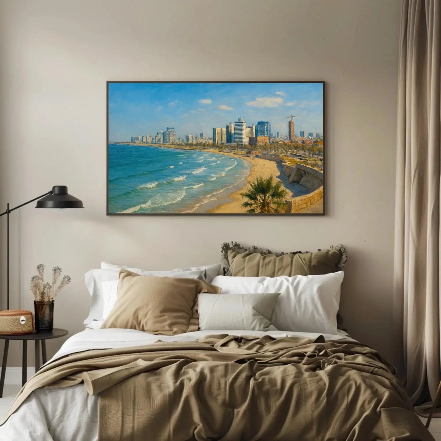 Tel Aviv Israel beach skyline canvas wall art modern cityscape painting for office or living room coastal decor Mediterranean print Wall Art – Canvas Print