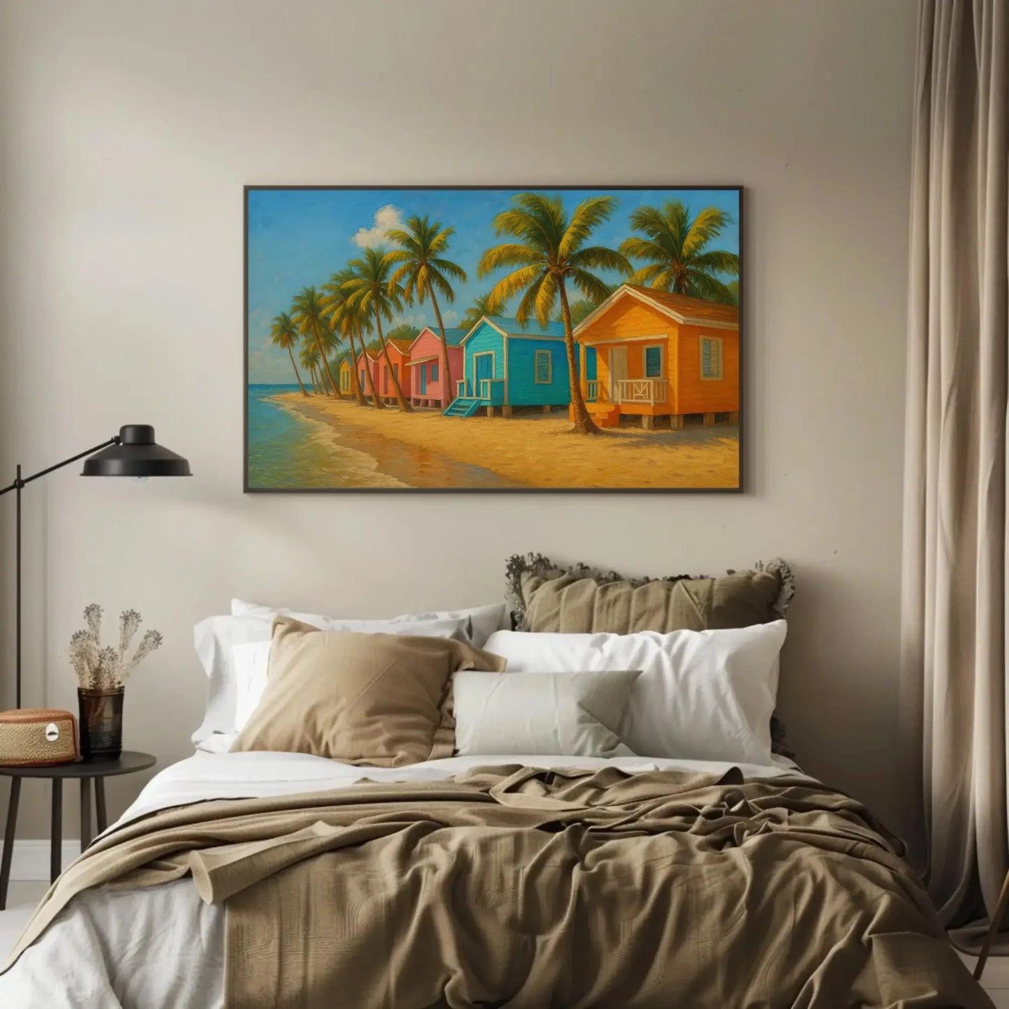 Boca Chica Beach Huts Wall Art Canvas Print with Colorful Caribbean Houses and Palm Trees in Tropical Santo Domingo Coastal Paradise Wall Art – Canvas Print