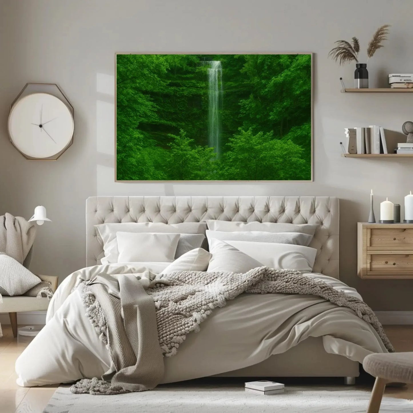 Lush Forest Waterfall Canvas Print Nature Landscape Painting for Tranquil Jungle Wall Decor Tropical Greenery Art Serene Outdoors Wall Art – Canvas Print