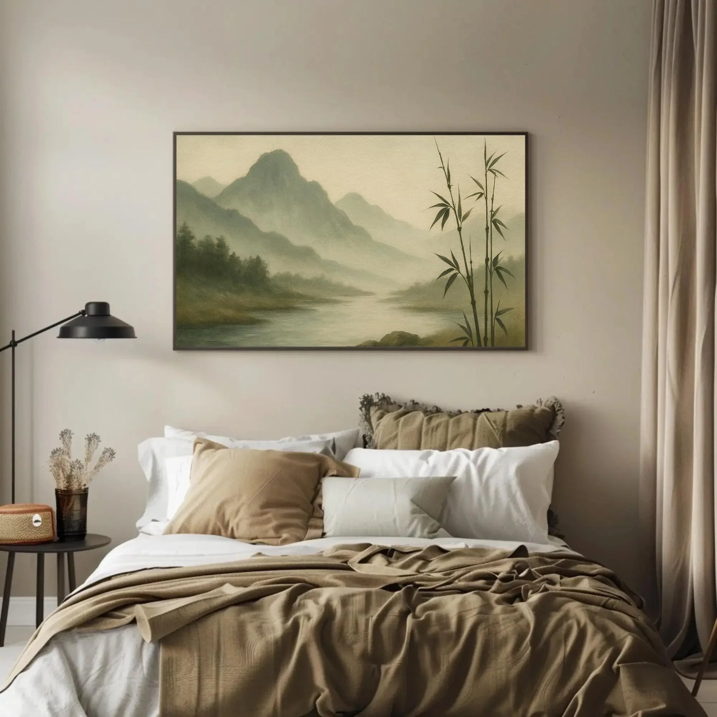 Zen Bamboo Forest River Canvas Print – Misty Mountains Painting Wall Art for Japanese Decor, Nature Tranquility and Meditative Style Wall Art – Canvas Print