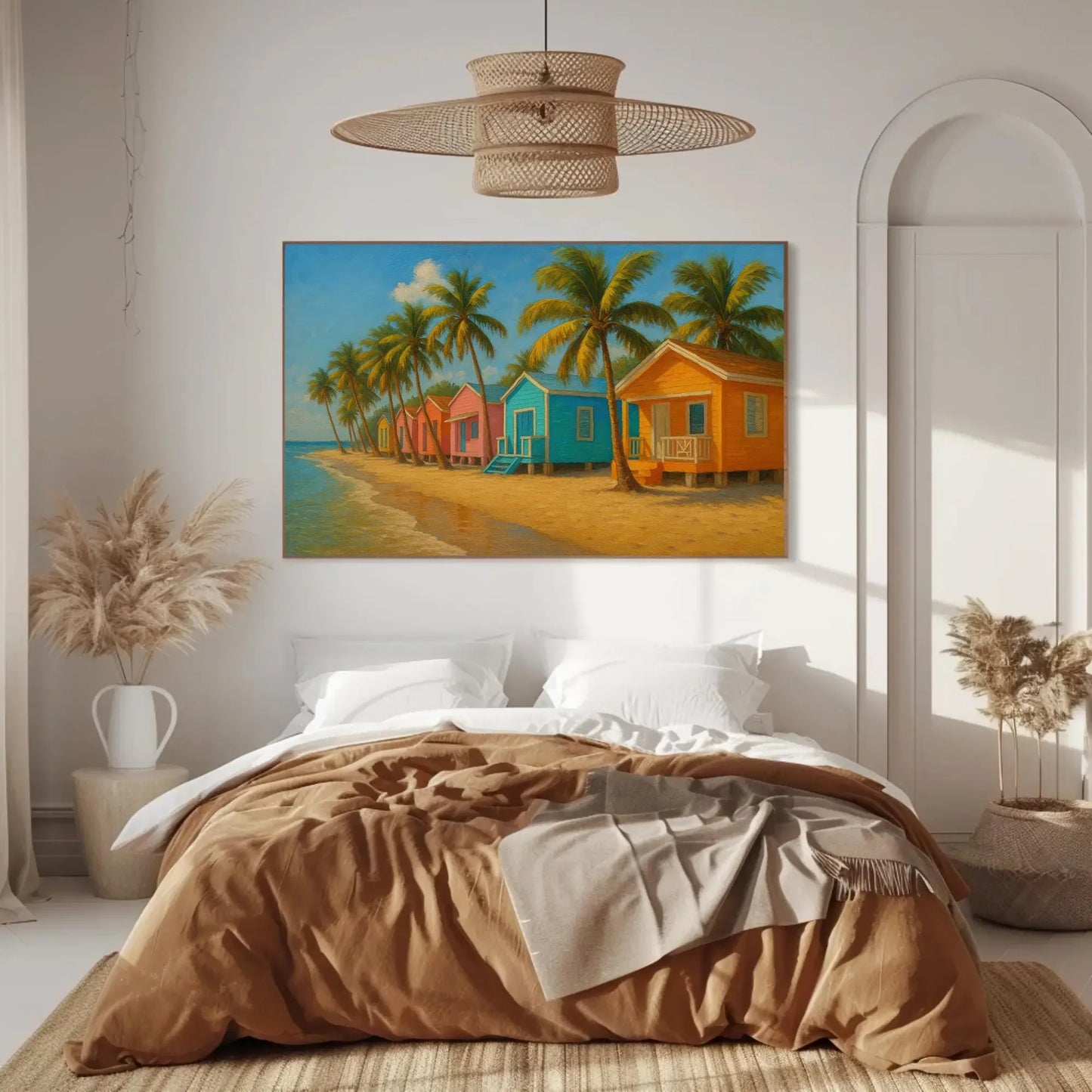 Boca Chica Beach Huts Wall Art Canvas Print with Colorful Caribbean Houses and Palm Trees in Tropical Santo Domingo Coastal Paradise Wall Art – Canvas Print