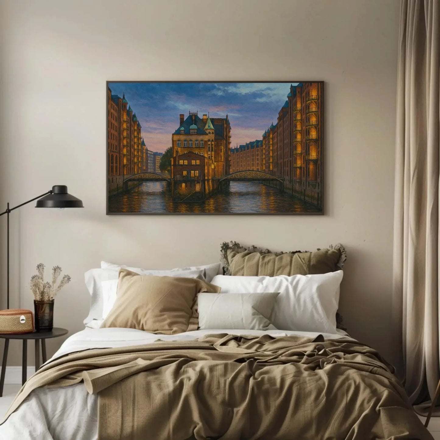 Speicherstadt Hamburg Germany at Dusk – Historic Canal District Canvas Painting – European Architecture Cityscape Wall Art Wall Art – Canvas Print