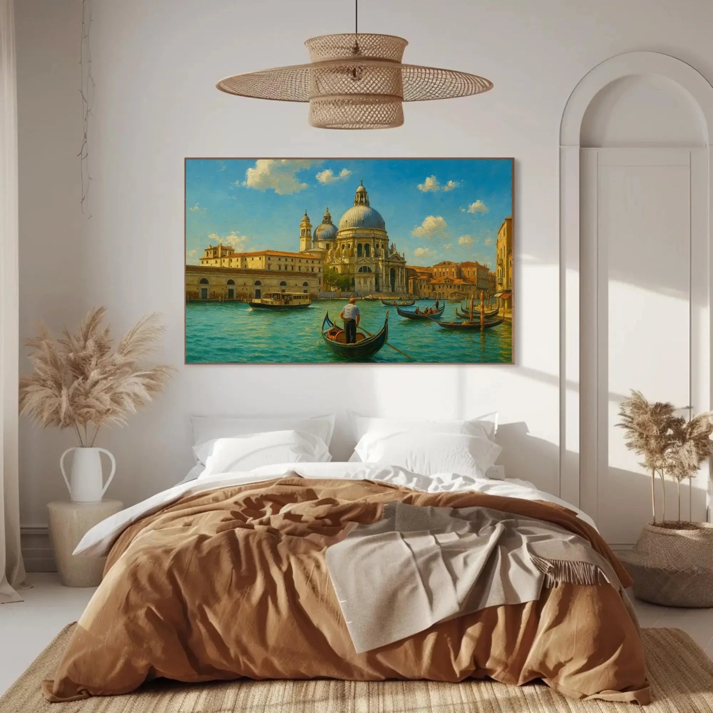 Venice Grand Canal Gondola Ride Wall Art Canvas Print with Italian Architecture and Boats on Blue Water for Romantic Europe Home De Wall Art – Canvas Print
