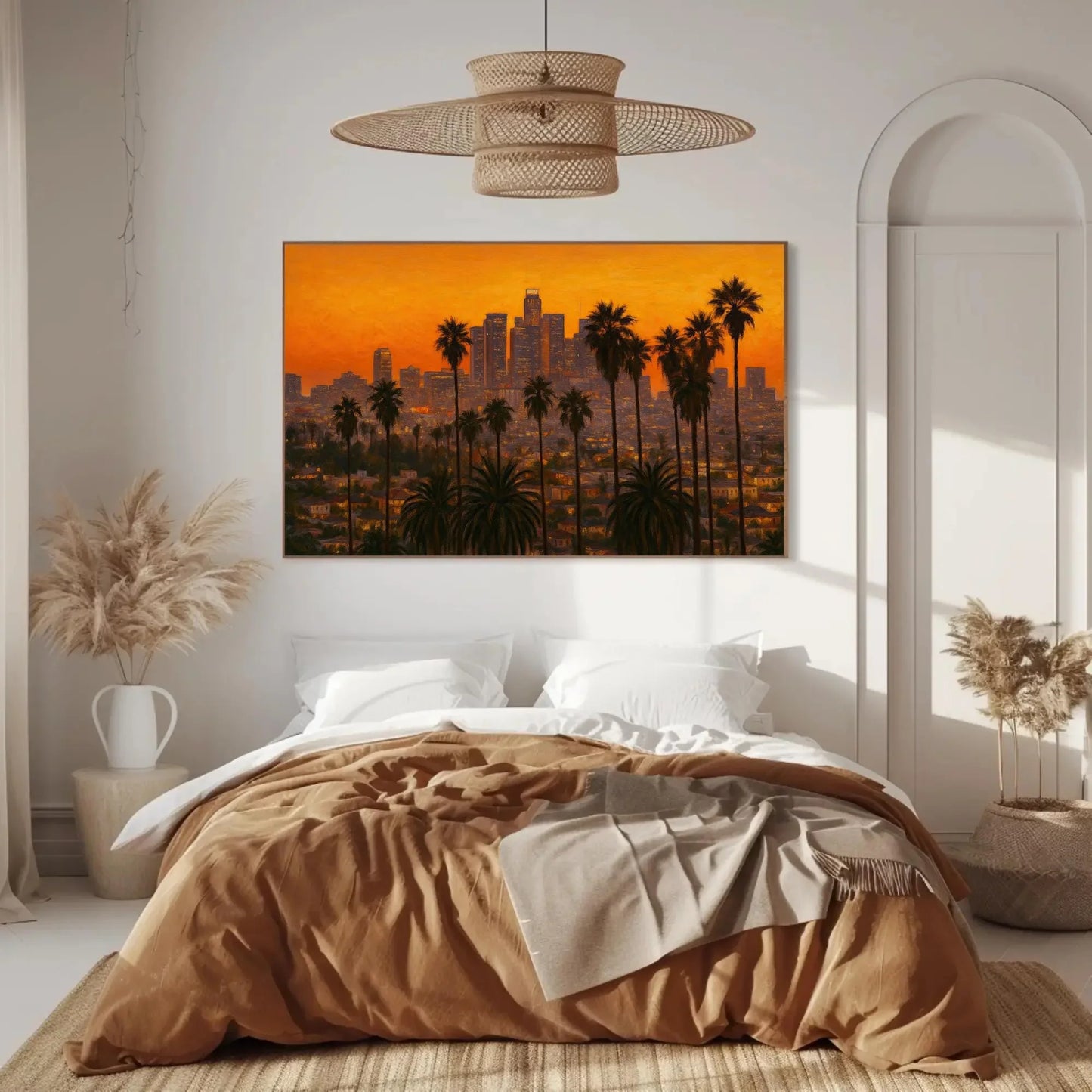 Los Angeles Skyline at Sunset with Palm Trees Canvas Print Urban California Landscape Wall Art for City Lovers Gift Wall Art – Canvas Print
