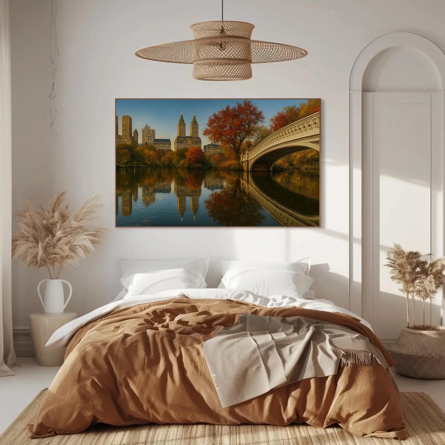 Central Park NYC autumn canvas painting wall art for living room or office decor with Bow Bridge and cityscape fall foliage landscape Wall Art – Canvas Print