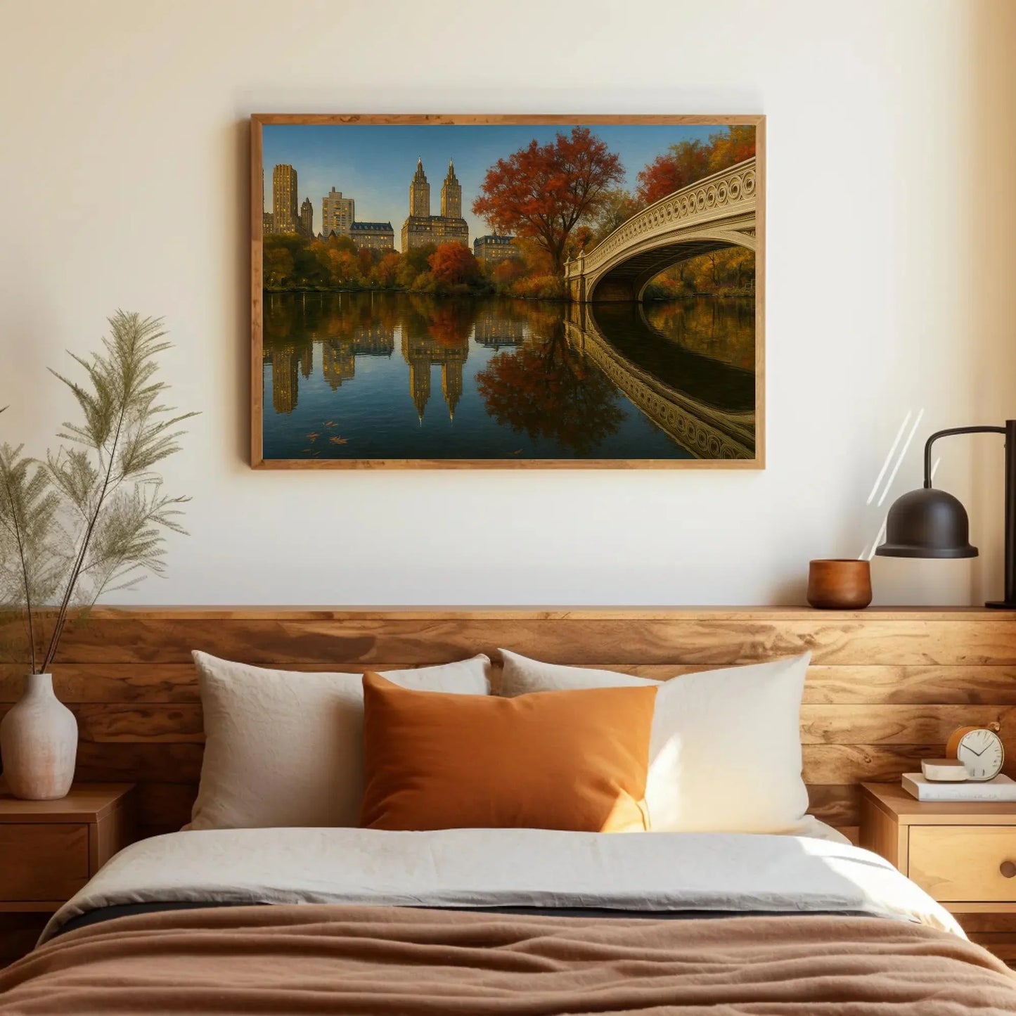Central Park NYC autumn canvas painting wall art for living room or office decor with Bow Bridge and cityscape fall foliage landscape Wall Art – Canvas Print