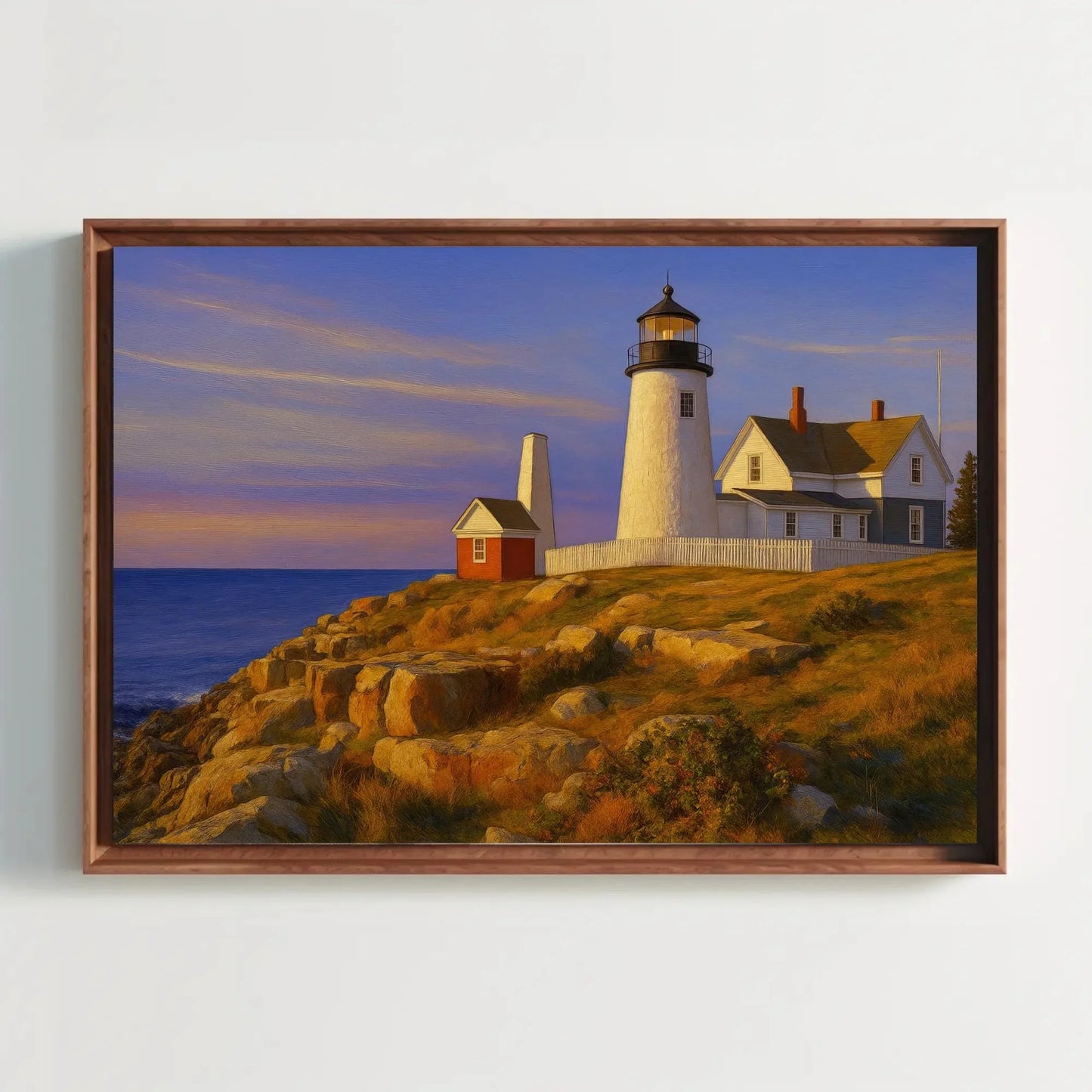 Maine lighthouse canvas wall art print coastal cliff sunset painting for beach house decor living room or nautical themed interiors Wall Art – Canvas Print