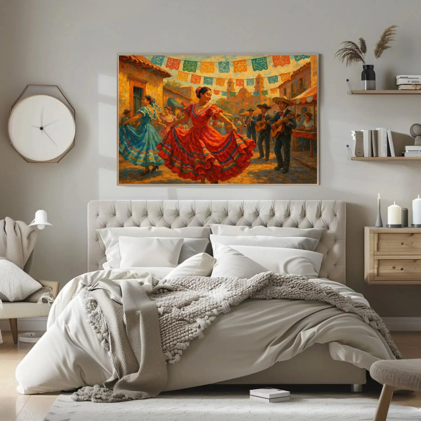 Mexican Cinco De Mayo Folk Dance Canvas Wall Art for Kitchen or Fiesta Themed Dining Room – Colorful Traditional Festival Painting Wall Art – Canvas Print