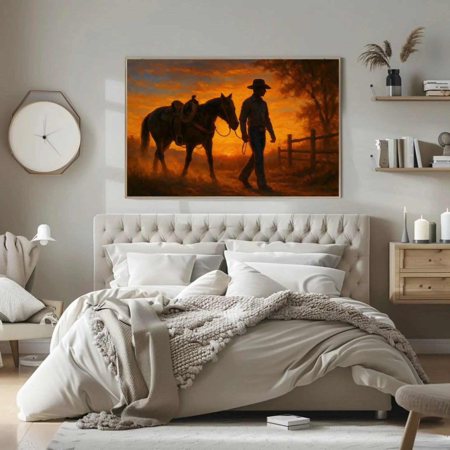 Cowboy and Horse Sunset Canvas Print – Western Ranch Wall Art Painting for Rustic Country Home Decor, Cowboy Silhouette Orange Sky Wall Art – Canvas Print