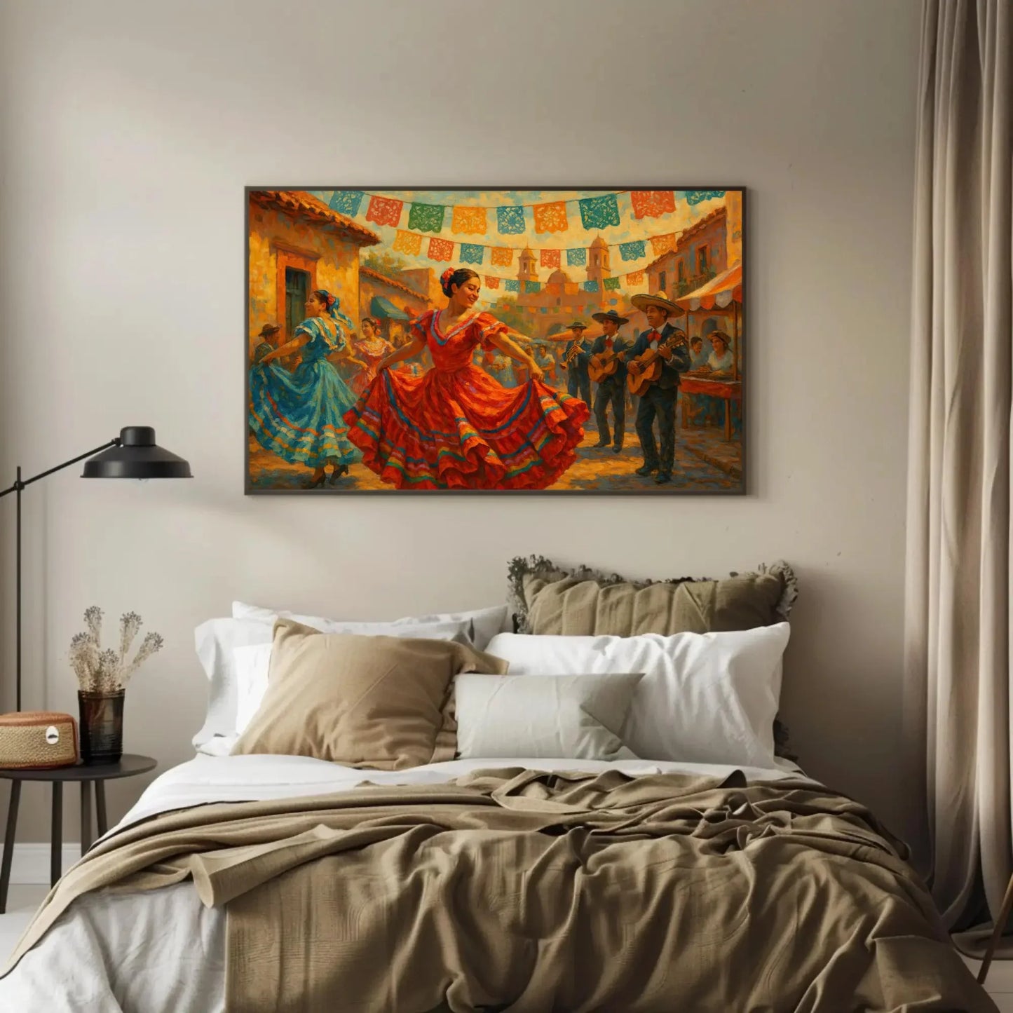 Mexican Cinco De Mayo Folk Dance Canvas Wall Art for Kitchen or Fiesta Themed Dining Room – Colorful Traditional Festival Painting Wall Art – Canvas Print
