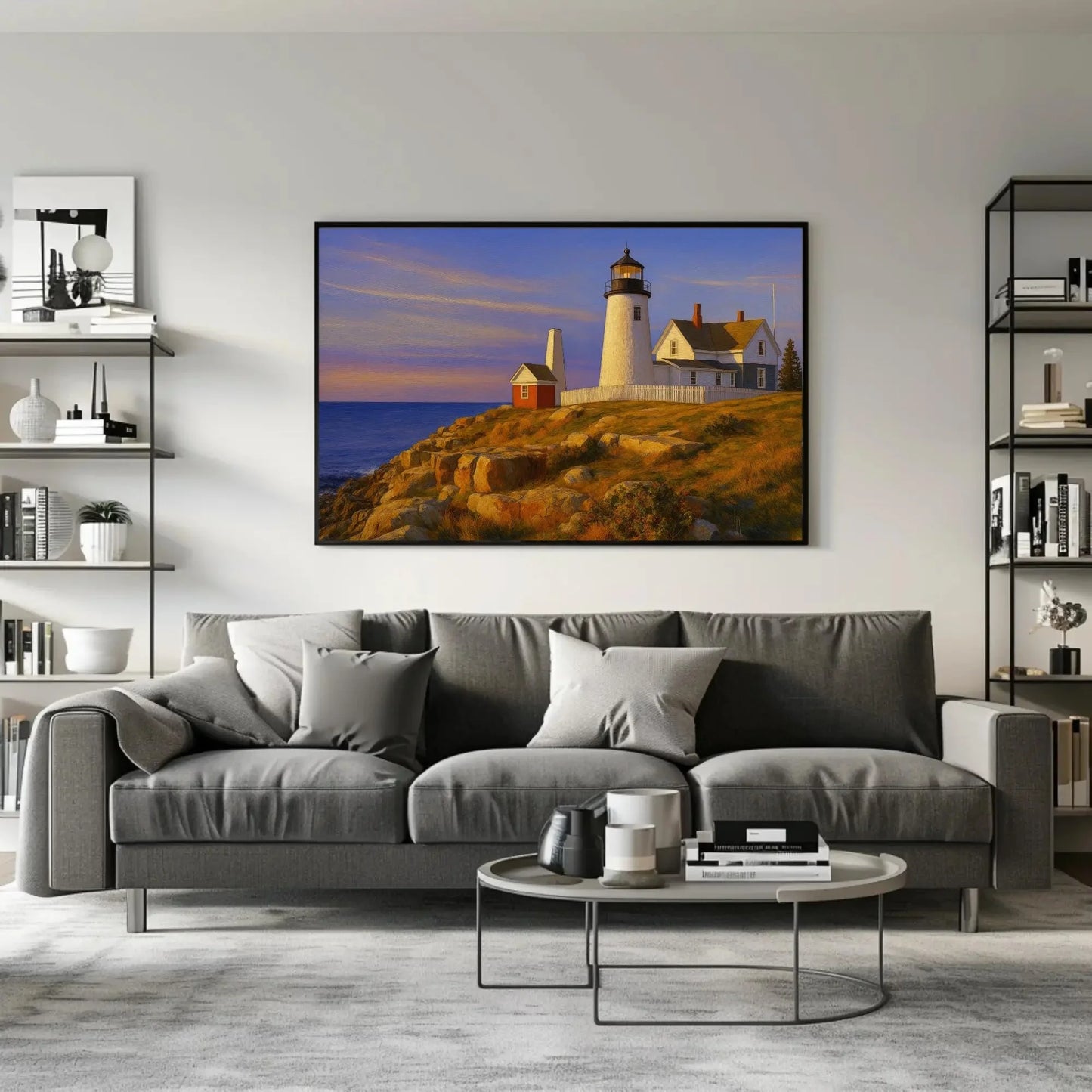 Maine lighthouse canvas wall art print coastal cliff sunset painting for beach house decor living room or nautical themed interiors Wall Art – Canvas Print