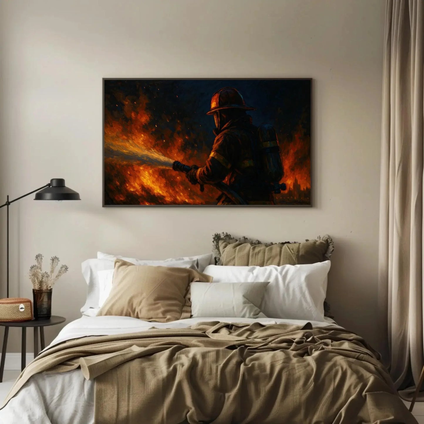 Brave Firefighter Battling Blaze Canvas Print – Hero Fireman Painting Wall Art for Emergency Responders, Action Fire Scene Decor Gift Wall Art – Canvas Print
