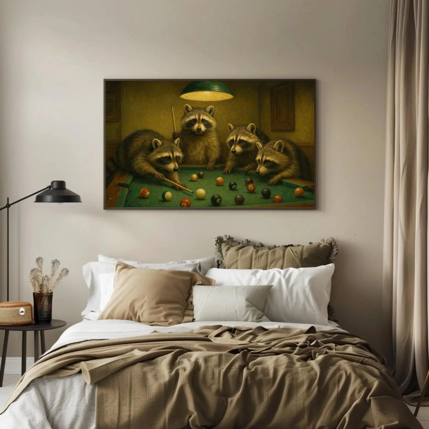 Raccoon Family Playing Pool Canvas Print Cute Animal Painting of Raccoons at Billiards Table Funny Wall Art for Bar Lounge or Cabin Wall Art – Canvas Print