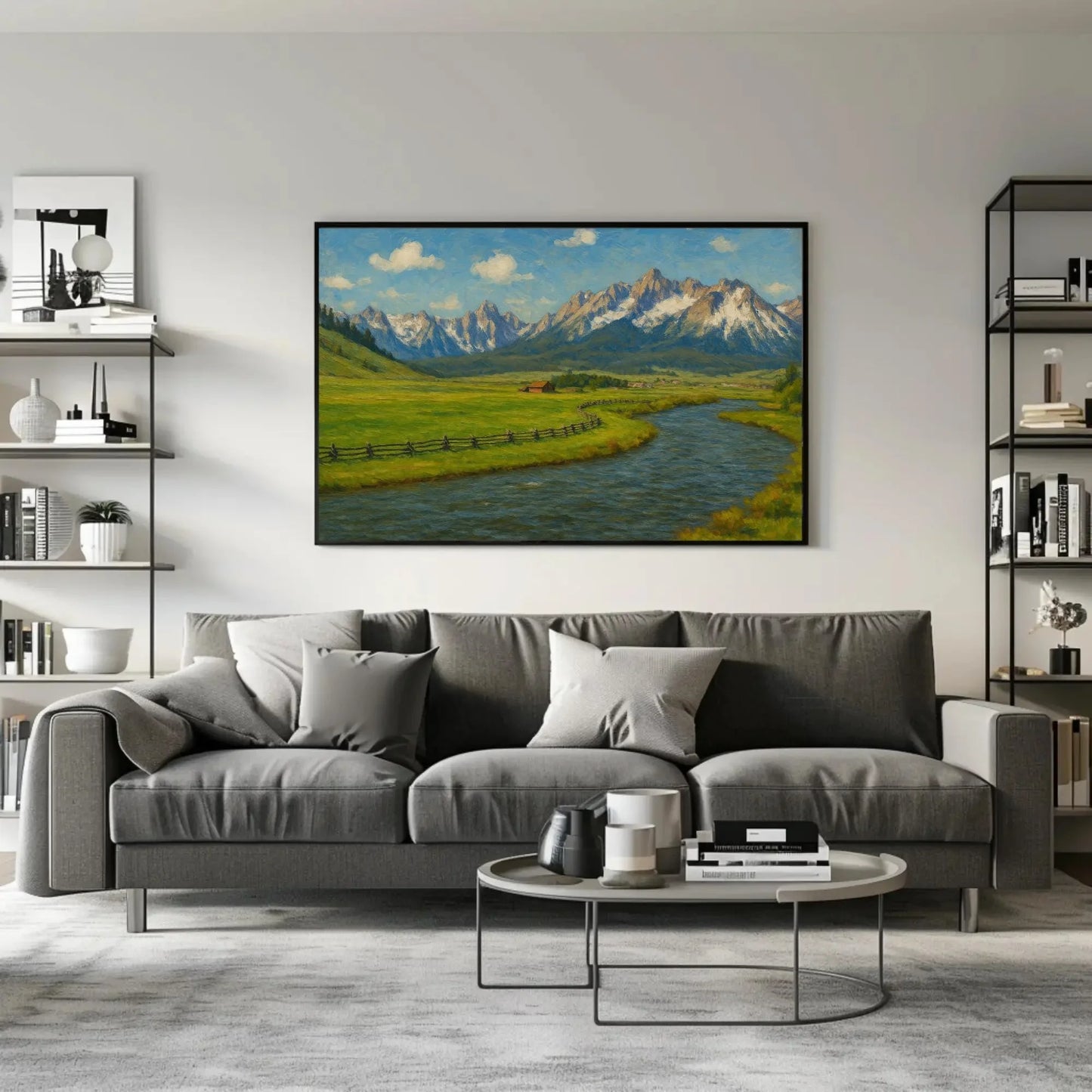 Teton Mountains and Snake River Canvas Art Print for Office or Lodge Wall Decor – Rustic Nature Landscape Painting for Country Homes Wall Art – Canvas Print