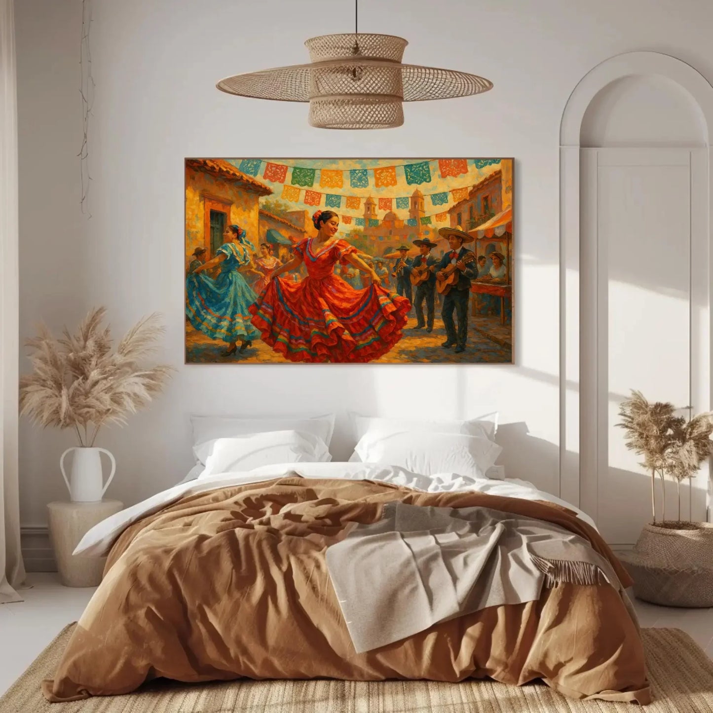Mexican Cinco De Mayo Folk Dance Canvas Wall Art for Kitchen or Fiesta Themed Dining Room – Colorful Traditional Festival Painting Wall Art – Canvas Print