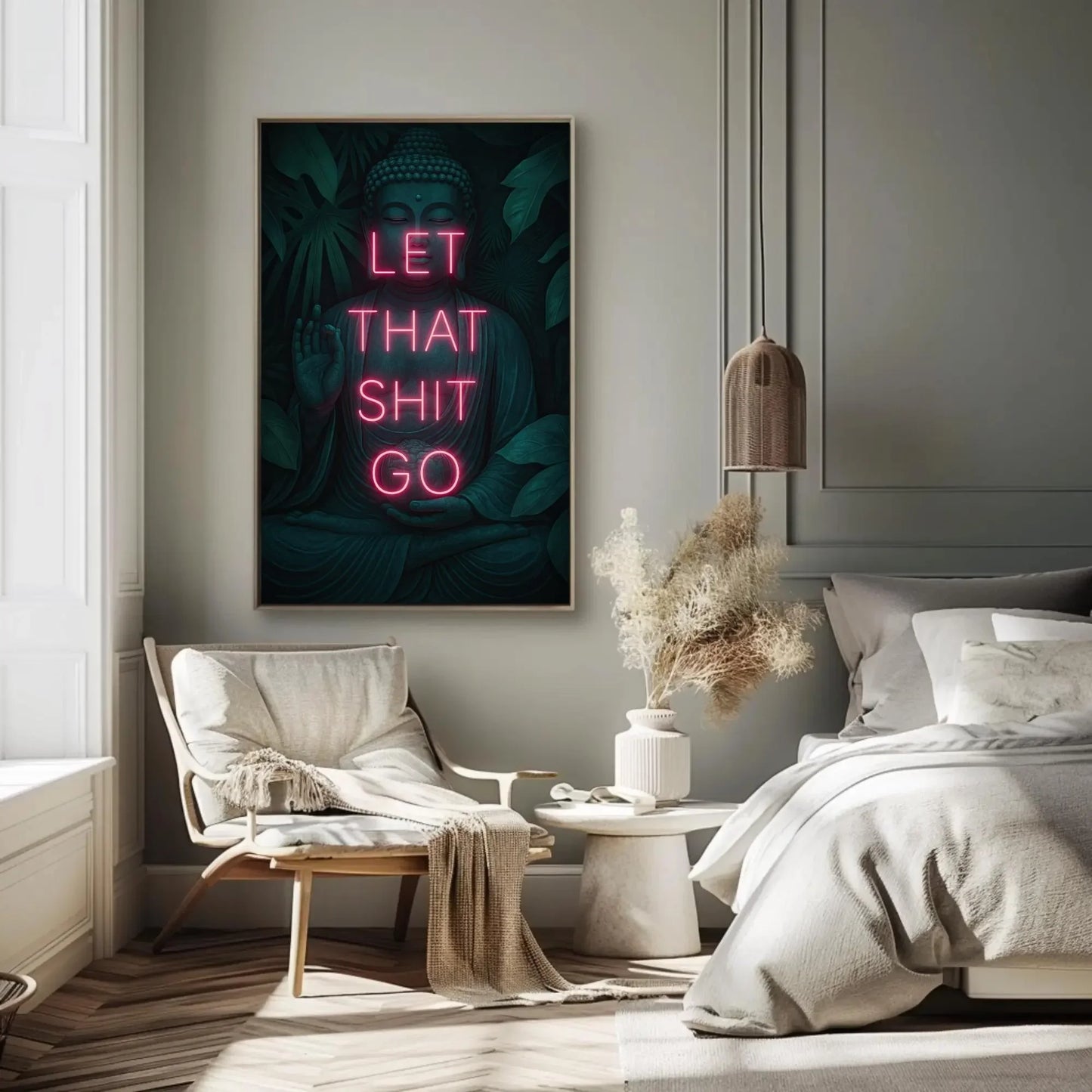 Zen Buddha Canvas Print, Extra Large “Let That Shit Go” Wall Art, Funny Motivational Quote for Bathroom, Meditation Room, or Office Decor Wall Art – Canvas Print