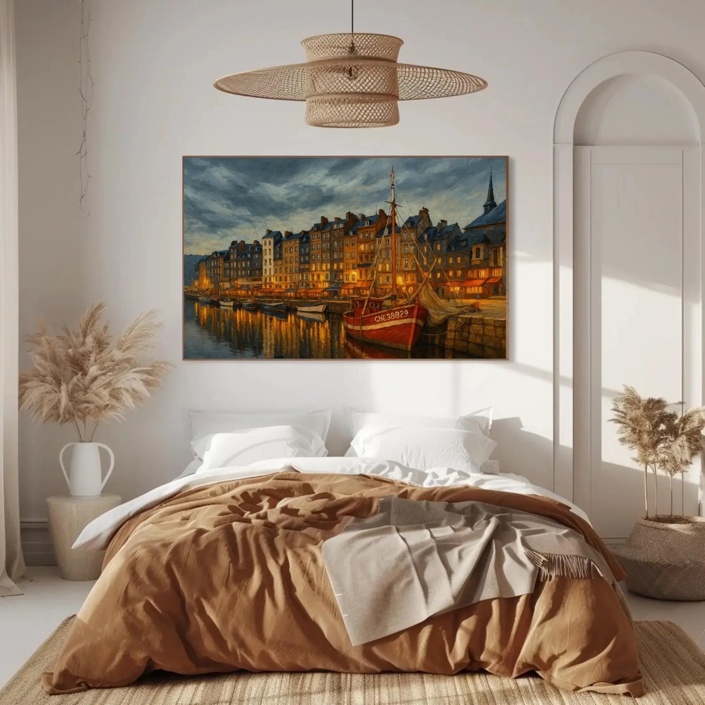Honfleur France Harbor at Twilight Canvas Print Red Boat Seaside Town Wall Art for Coastal Decor and European Travel Gift Wall Art – Canvas Print