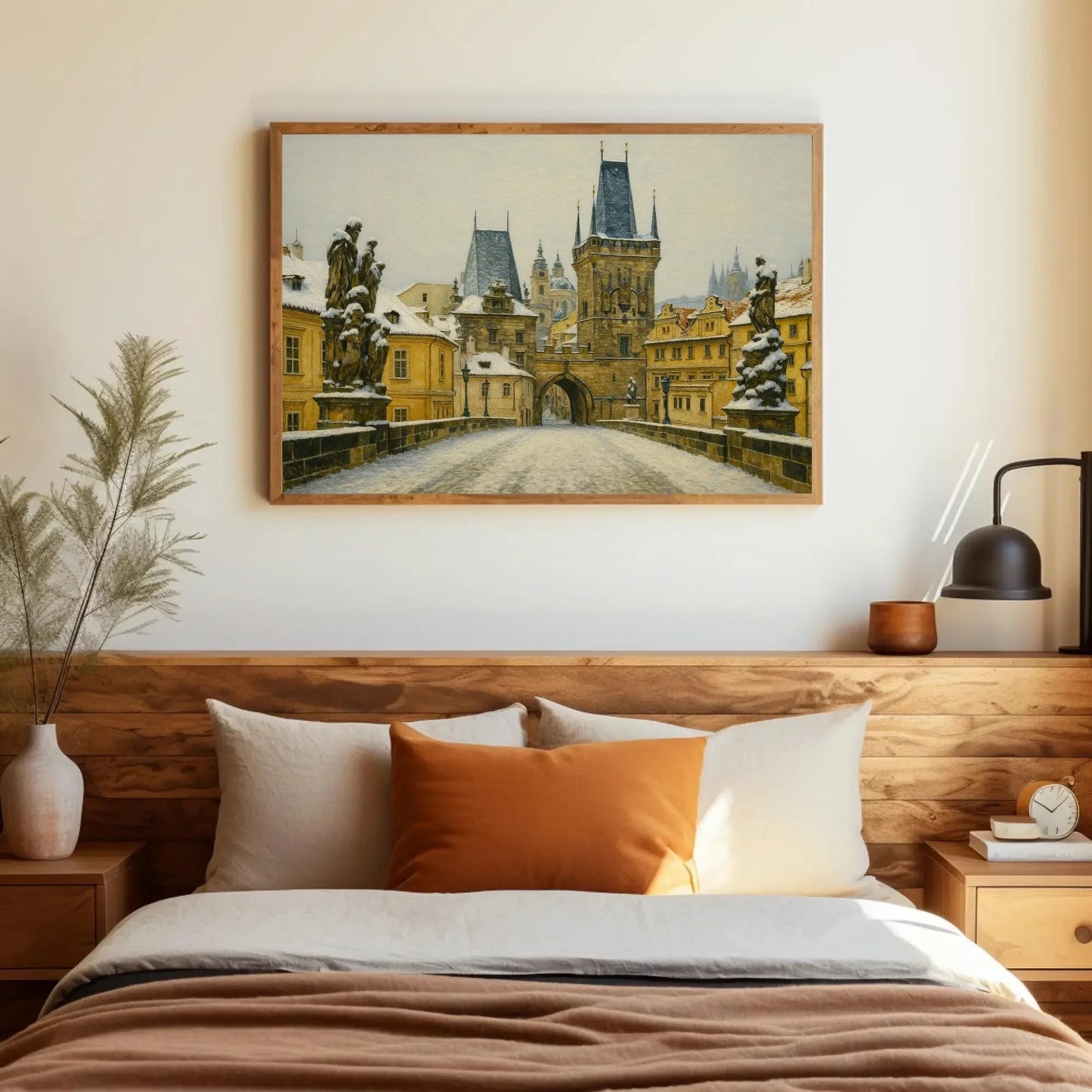 Charles Bridge Prague Winter Canvas Painting Print Czech Cityscape Wall Art Snowy Gothic Architecture Artwork for Living Room Decor Wall Art – Canvas Print