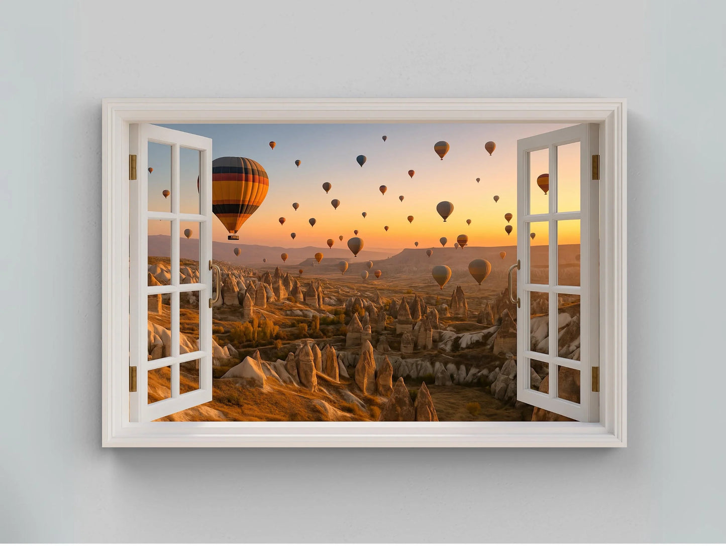 Cappadocia hot air balloon open window view canvas wall art print for travel lovers or warm neutral decor inspired by Turkish skies Wall Art – Canvas Print