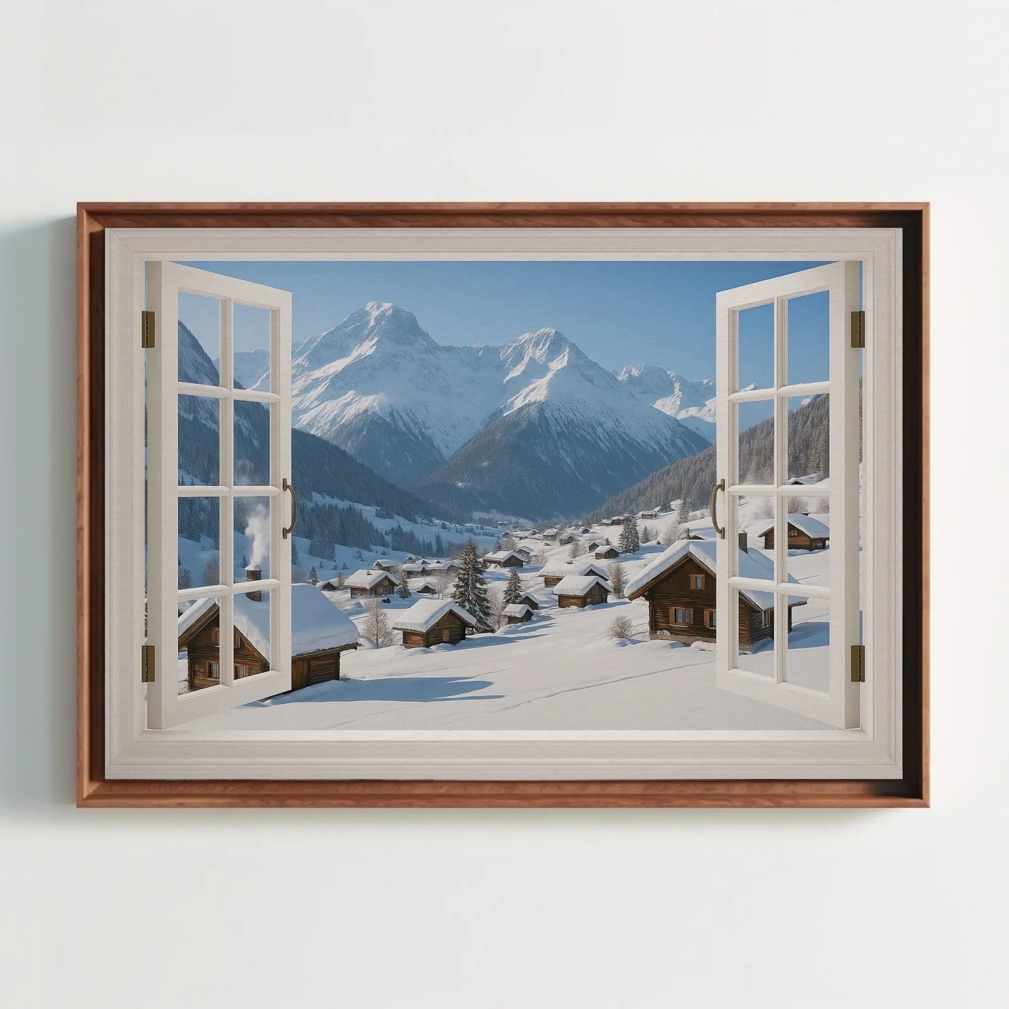 Alpine winter village canvas wall art print with snowy cabin view and open window frame for cozy mountain home or rustic lodge decor Wall Art – Canvas Print