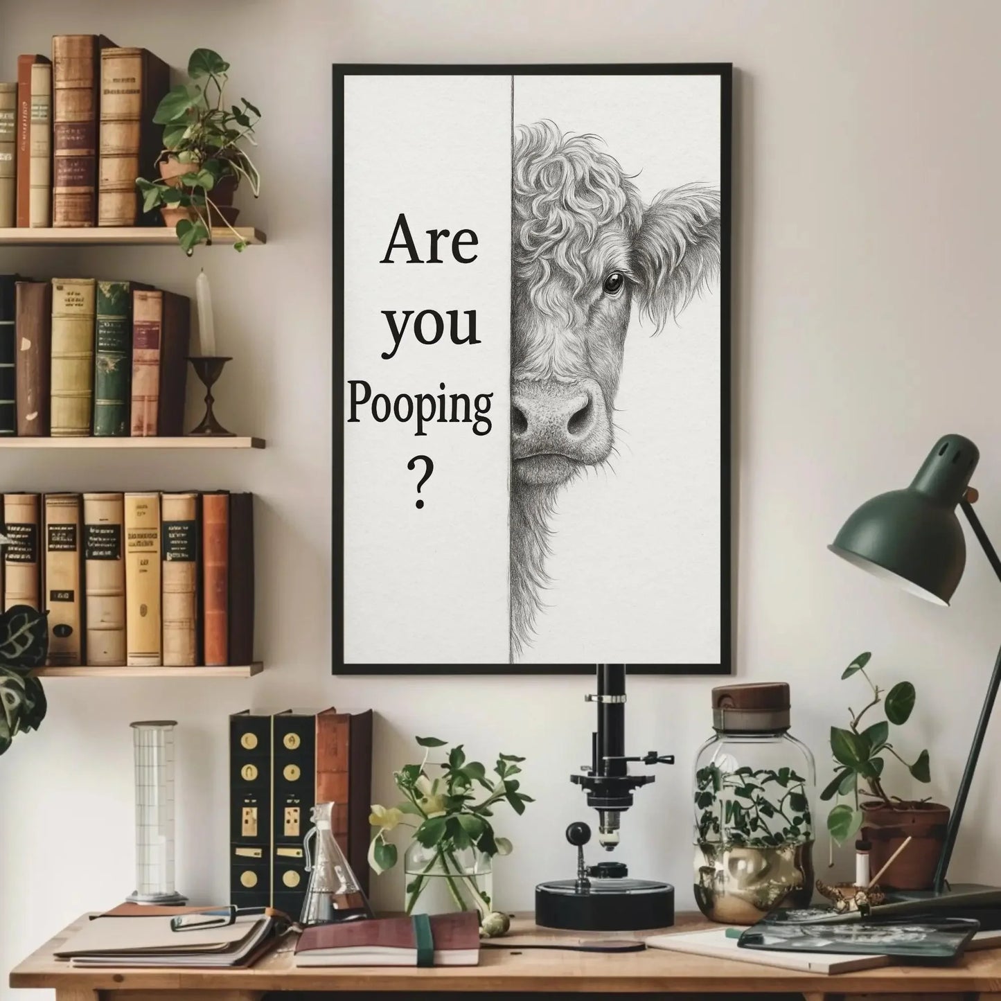 Funny cow bathroom canvas wall art print for farmhouse toilet decor or rustic powder room with are you pooping quote and sketch Wall Art – Canvas Print