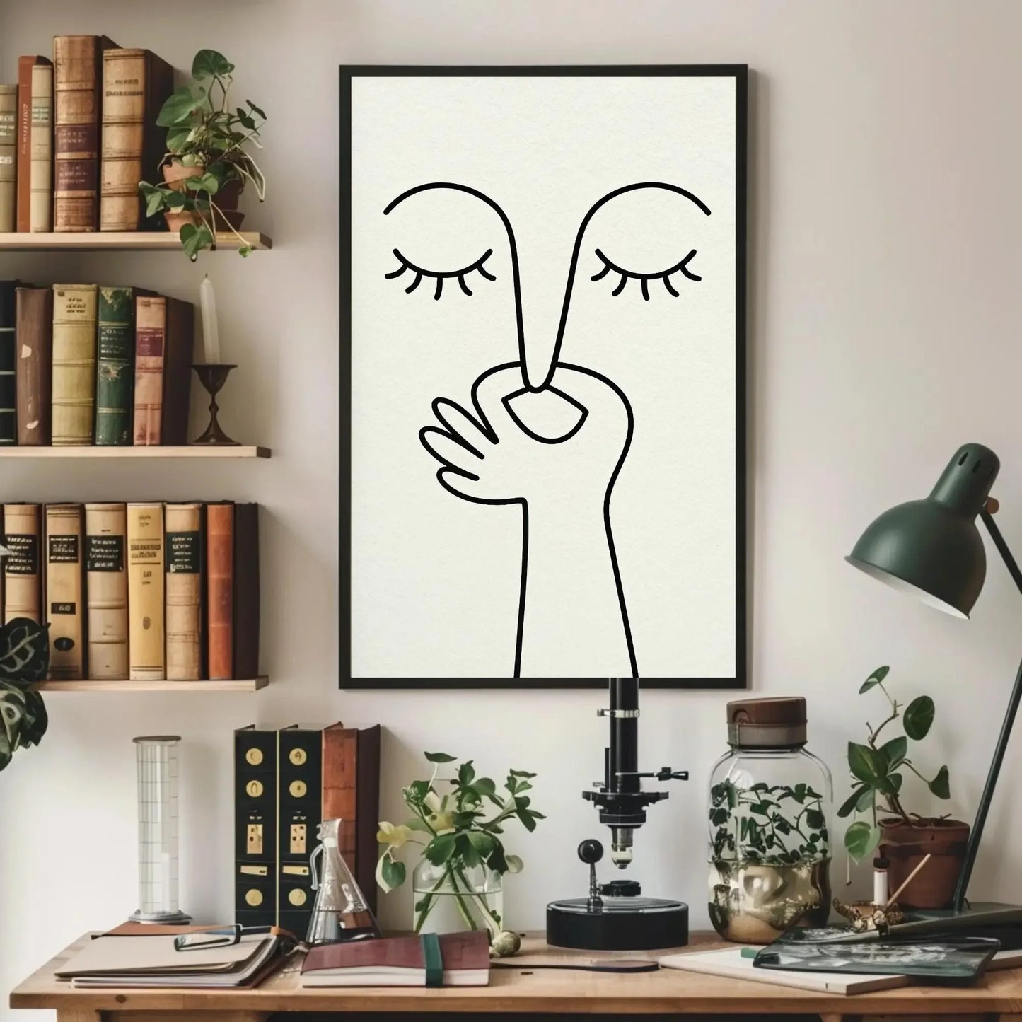 Minimalist abstract shh face canvas wall art print for modern bedroom or meditative quiet decor with eyes closed hand silence symbol Wall Art – Canvas Print