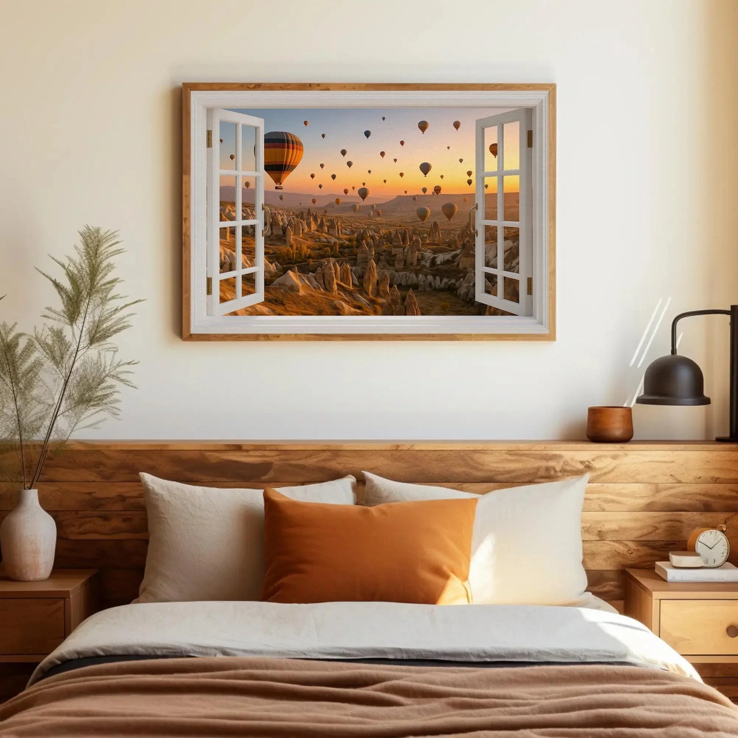 Cappadocia hot air balloon open window view canvas wall art print for travel lovers or warm neutral decor inspired by Turkish skies Wall Art – Canvas Print