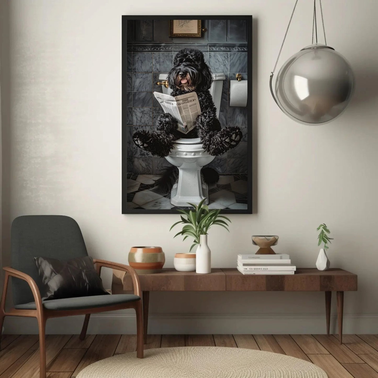 Black doodle dog sitting on toilet reading newspaper canvas print, toilet humor, bathroom art, anniversary gift, restroom decor, funny gift Wall Art – Canvas Print