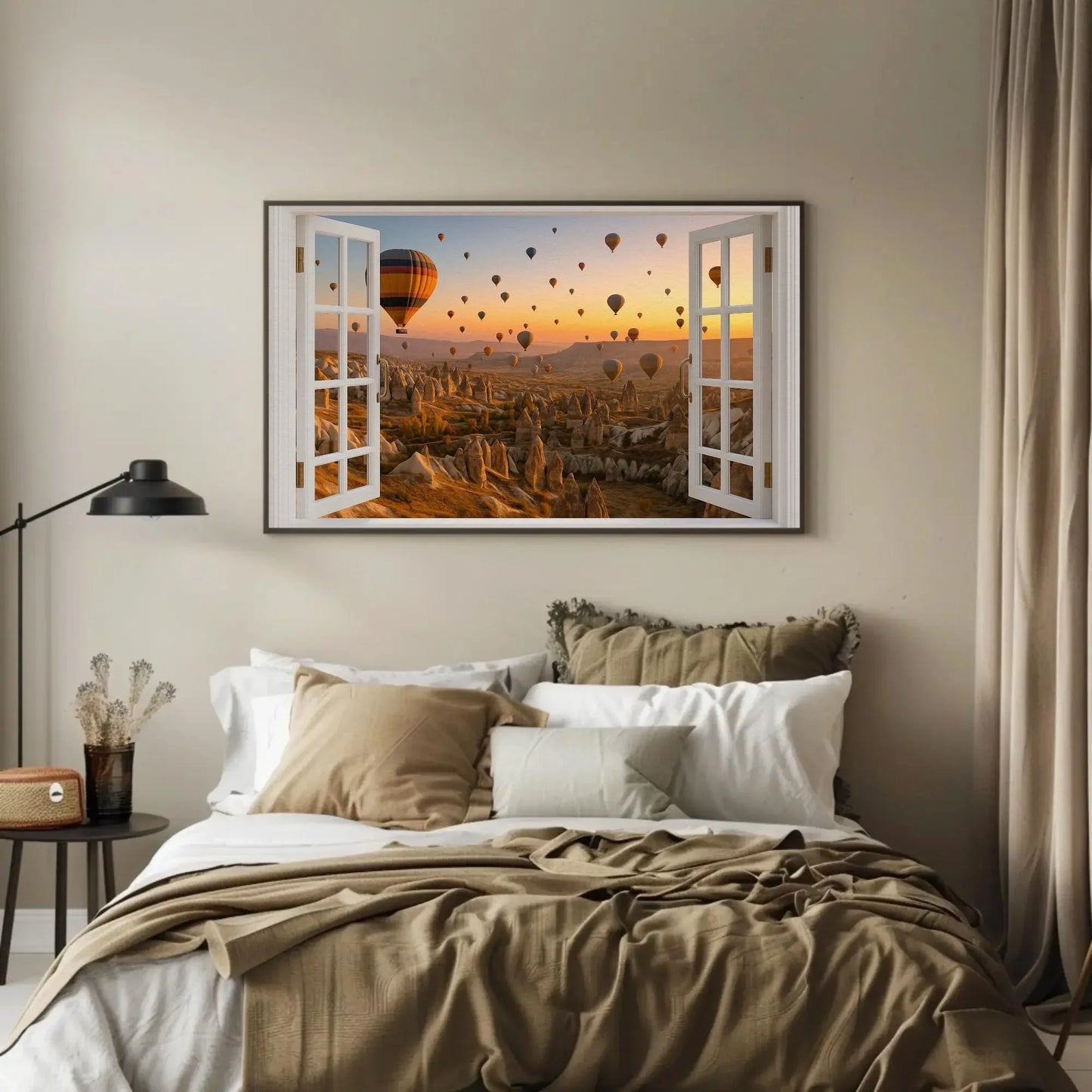 Cappadocia hot air balloon open window view canvas wall art print for travel lovers or warm neutral decor inspired by Turkish skies Wall Art – Canvas Print