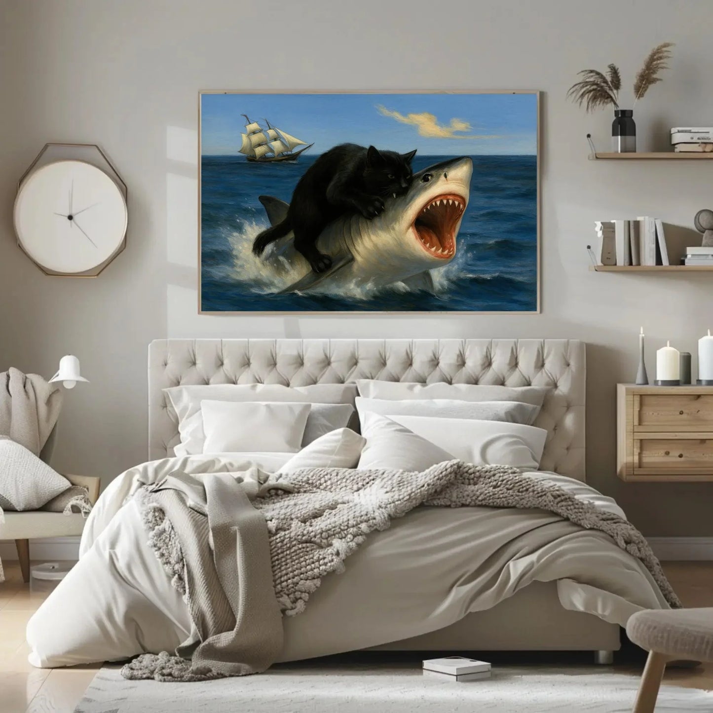 Black cat riding shark canvas wall art print for funny surreal decor or nautical animal lovers with pirate ship and ocean creature chaos Wall Art – Canvas Print