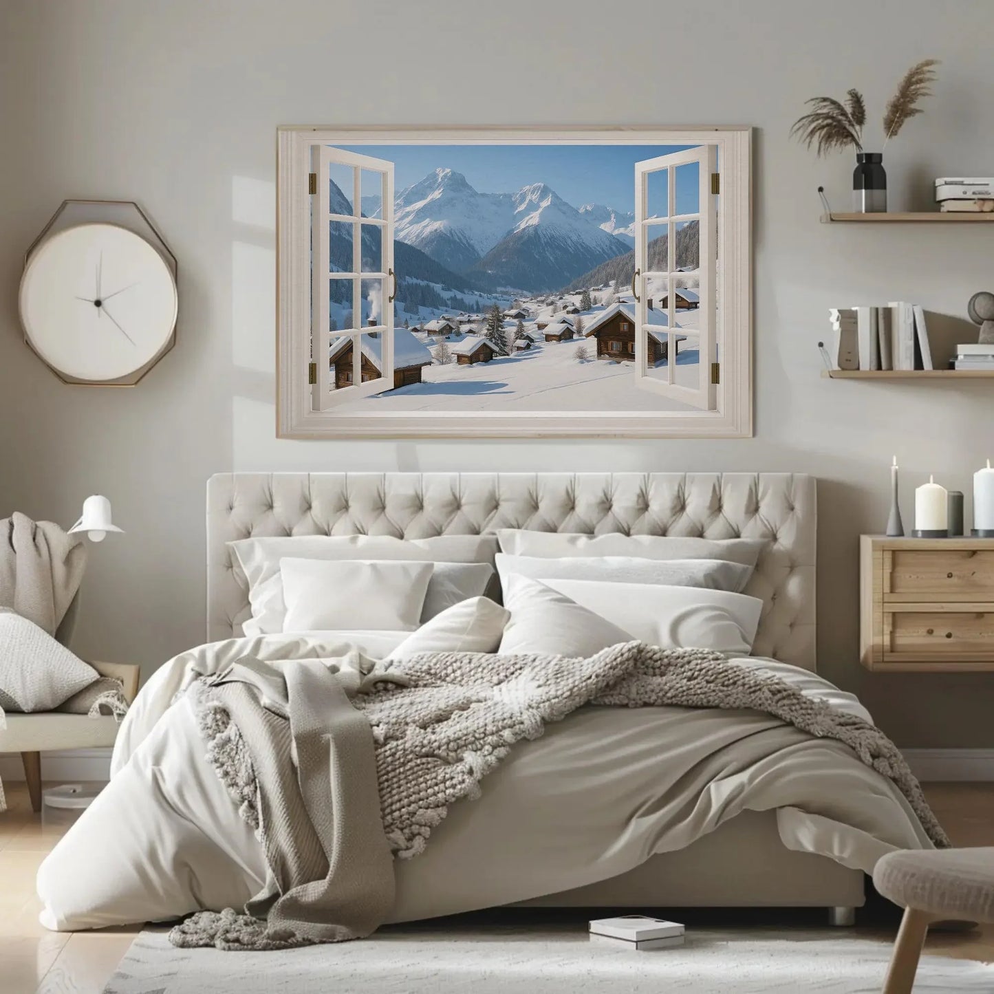 Alpine winter village canvas wall art print with snowy cabin view and open window frame for cozy mountain home or rustic lodge decor Wall Art – Canvas Print
