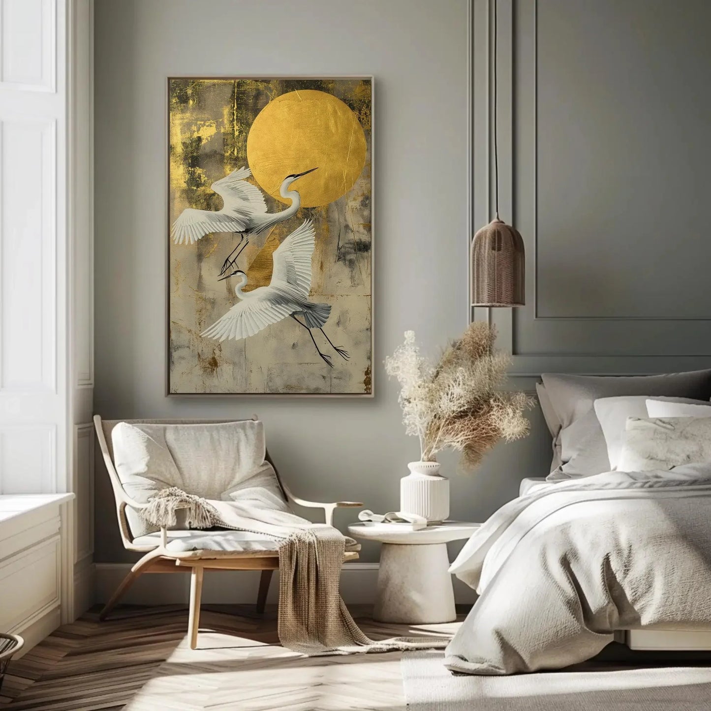 Two Herons Golden Moon Sky Canvas Print, Extra Large Elegant Bird Wall Art, Painting for Japandi, Boho, or Nature Bedroom or Living Room Wall Art – Canvas Print