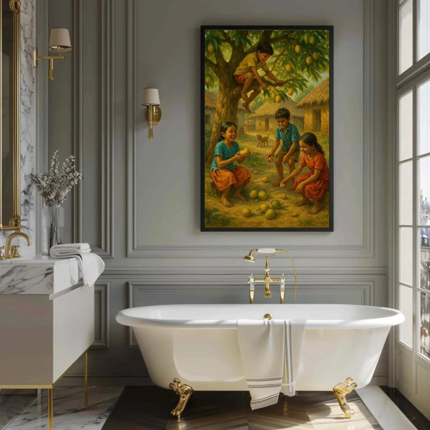 Joyful Indian Village Children Playing Under Mango Tree | Rustic Childhood Oil Painting Print for Wholesome Cultural Home Wall Decor Wall Art – Canvas Print