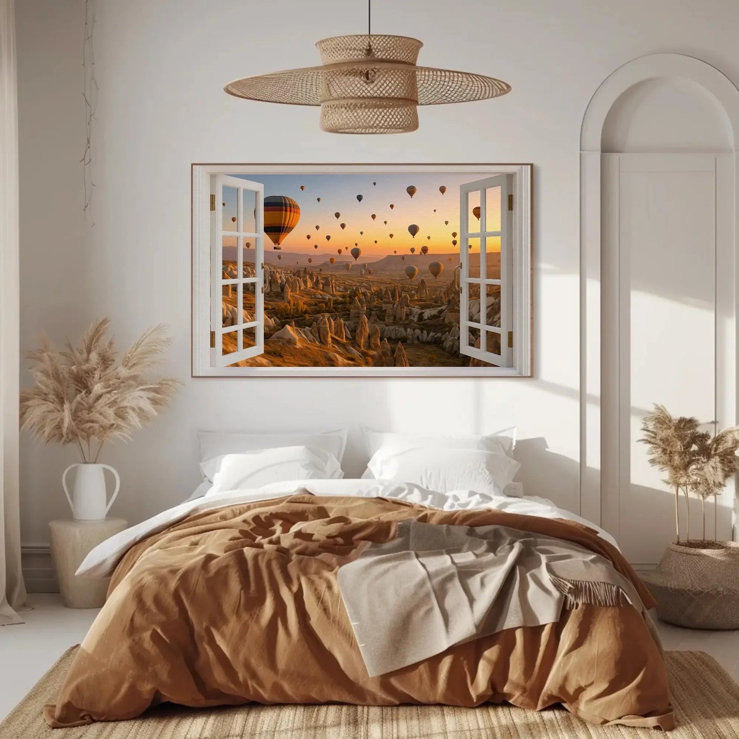 Cappadocia hot air balloon open window view canvas wall art print for travel lovers or warm neutral decor inspired by Turkish skies Wall Art – Canvas Print